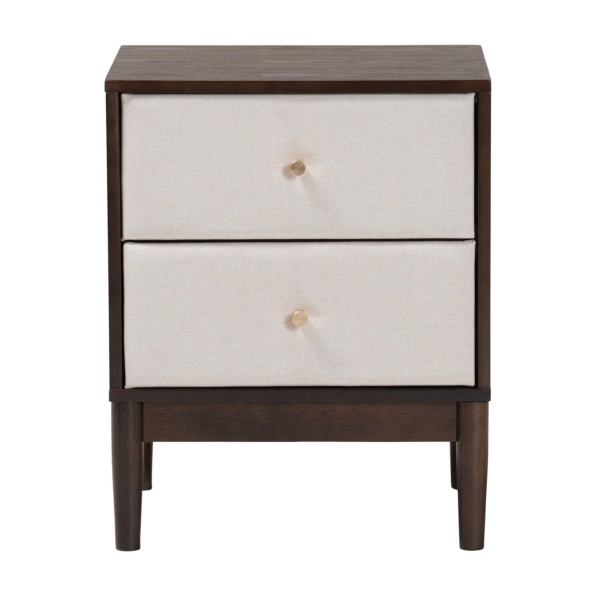 Left. Baxton Studio - Nikolai Mid-Century Fabric and Wenge Brown Wood 2-Drawer Nightstand - Beige/Wenge Brown.