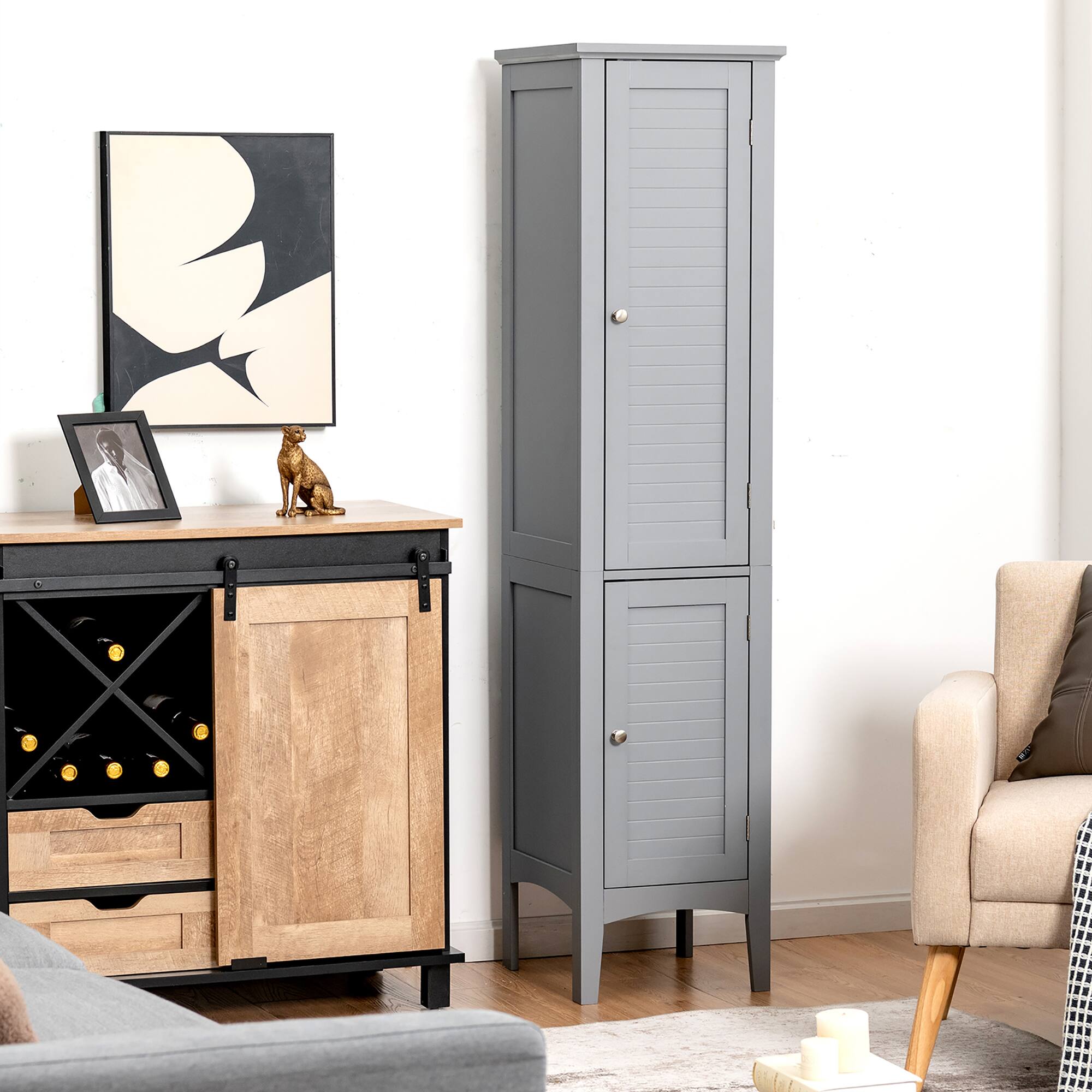 Alt View 1. Costway - Costway Freestanding Bathroom Storage Cabinet Linen Tower Kitchen Living Room - Gray.