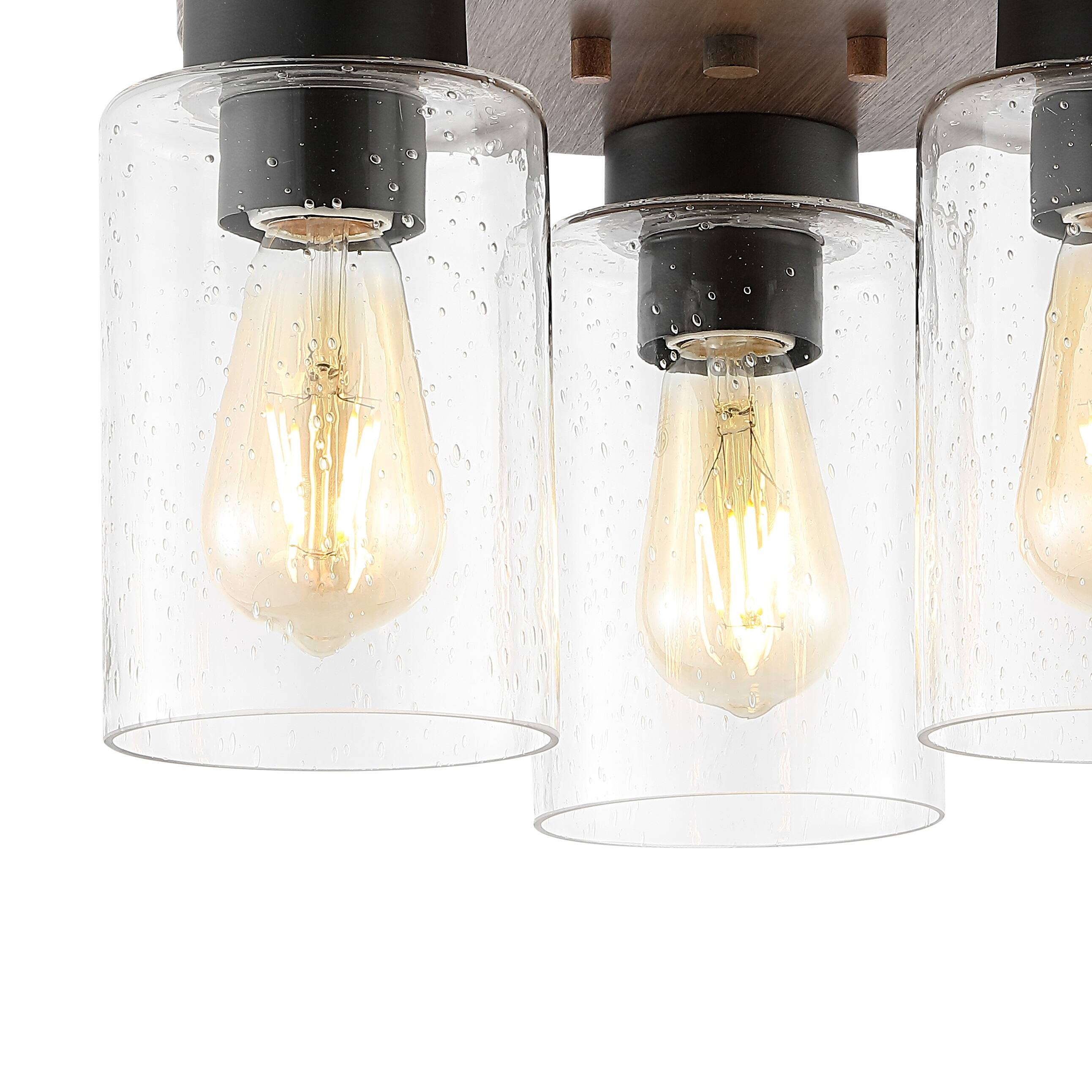 Alt View 3. Jonathan Y - Nola 13" 3-Light Bohemian Farmhouse Iron/Seeded Glass LED Semi Flush Mount, Wood Finish/Clear - Wood Finish.