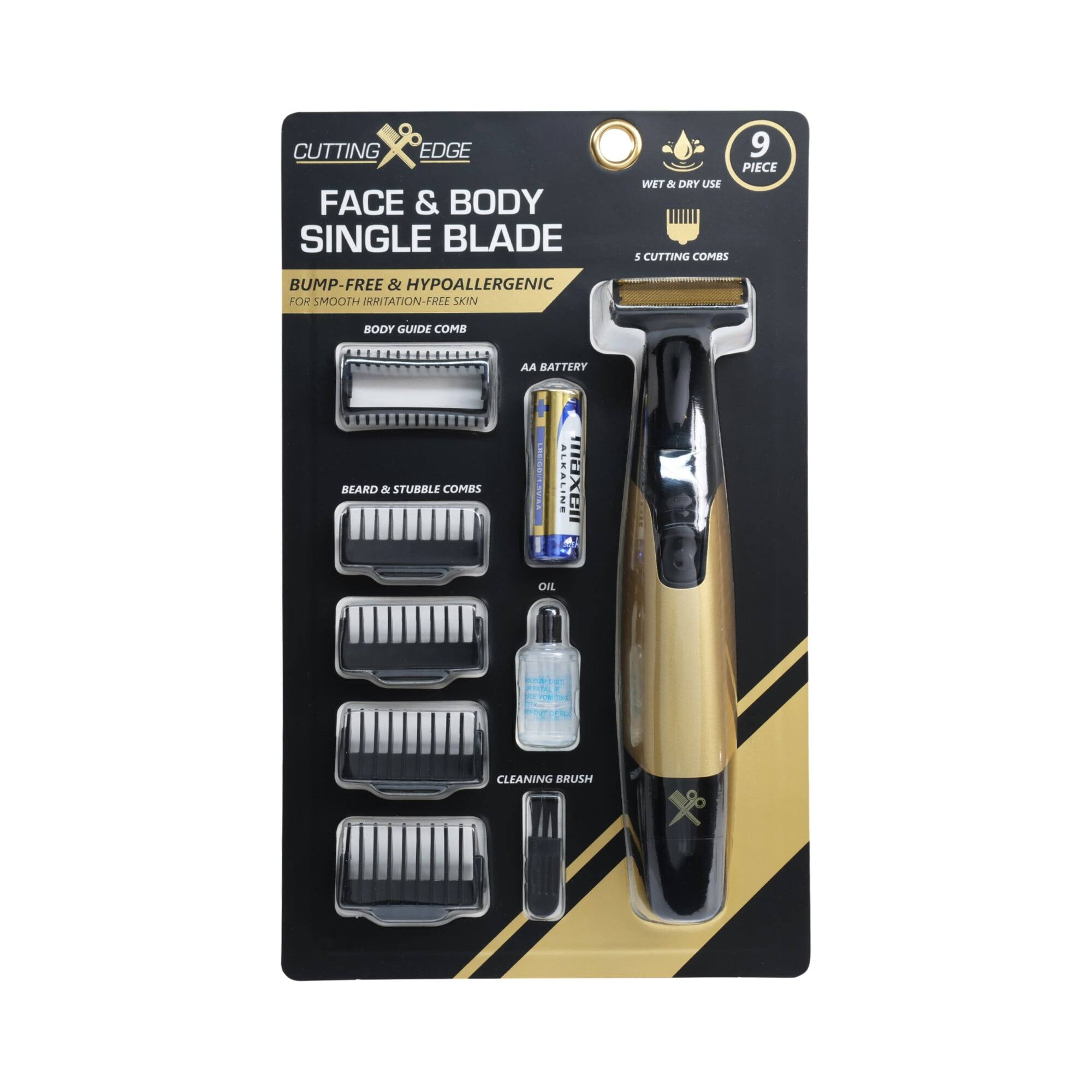 CUTTING EDGE FACE & BODY SINGLE BLADE 9 PIECE WET & DRY USE. BUMP-FREE & HYPOALLERGENIC FOR SMOOTH IRRITATION-FREE SKIN. BODY GUIDE COMB. AA BATTERY. BEARD & STUBBLE COMBS. CLEANING BRUSH.