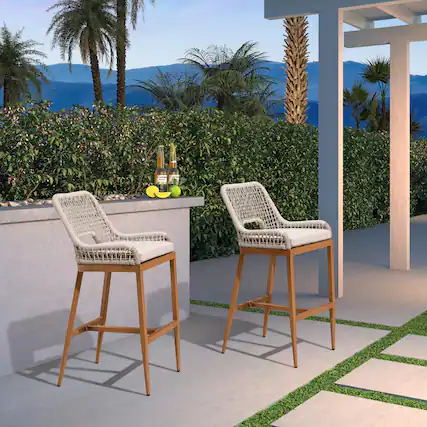 Front. PURPLE LEAF - Outdoor Bar/Counter Height Stool Set of 2 Wicker Rattan Bar stools with Back Aluminum Outside Garden Patio Bar Chairs - Plaid-Counter Height.