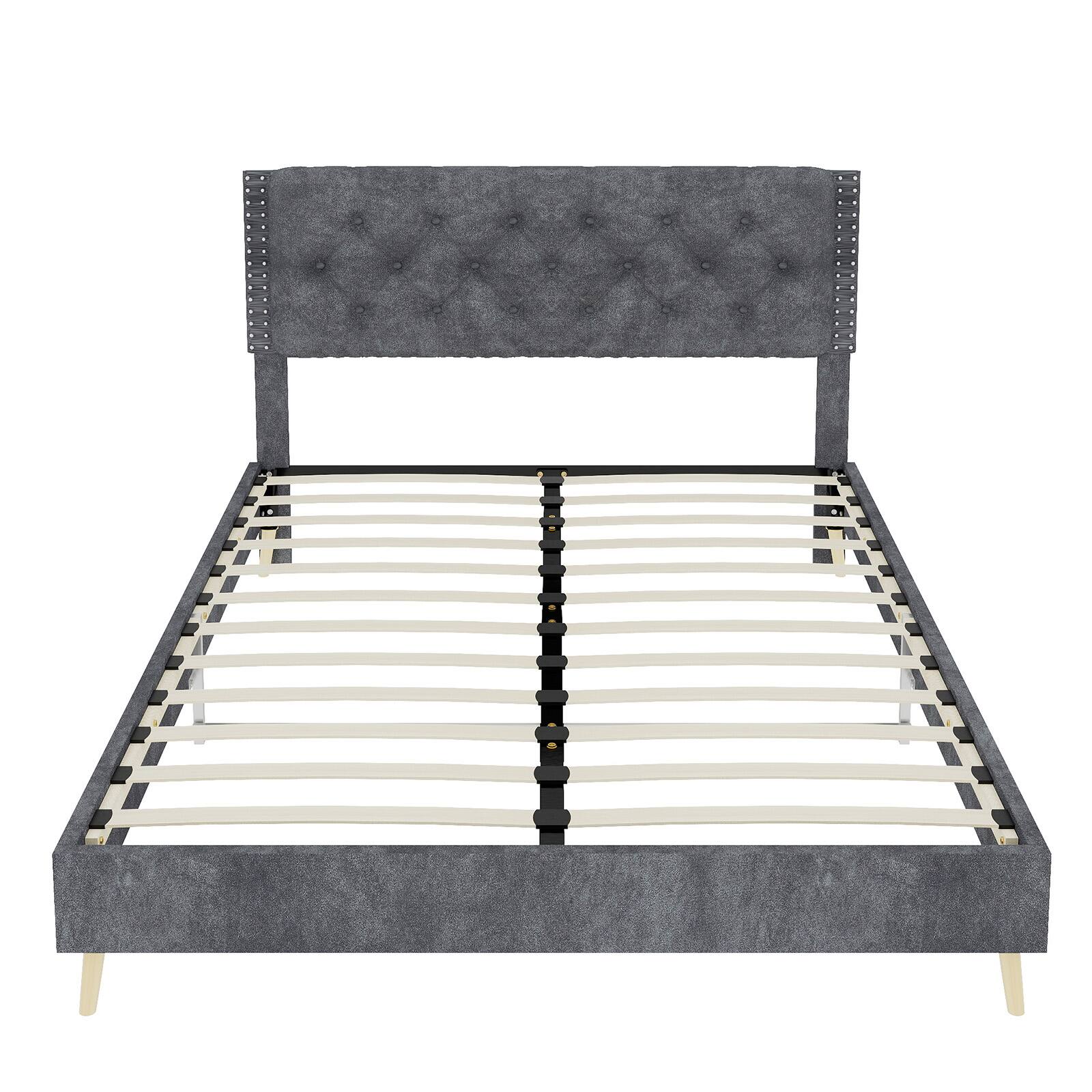 Back. Loheer - Loheer Gray Velvet Queen Bed Frame Sturdy Upholstered Platform Bed - Grey.