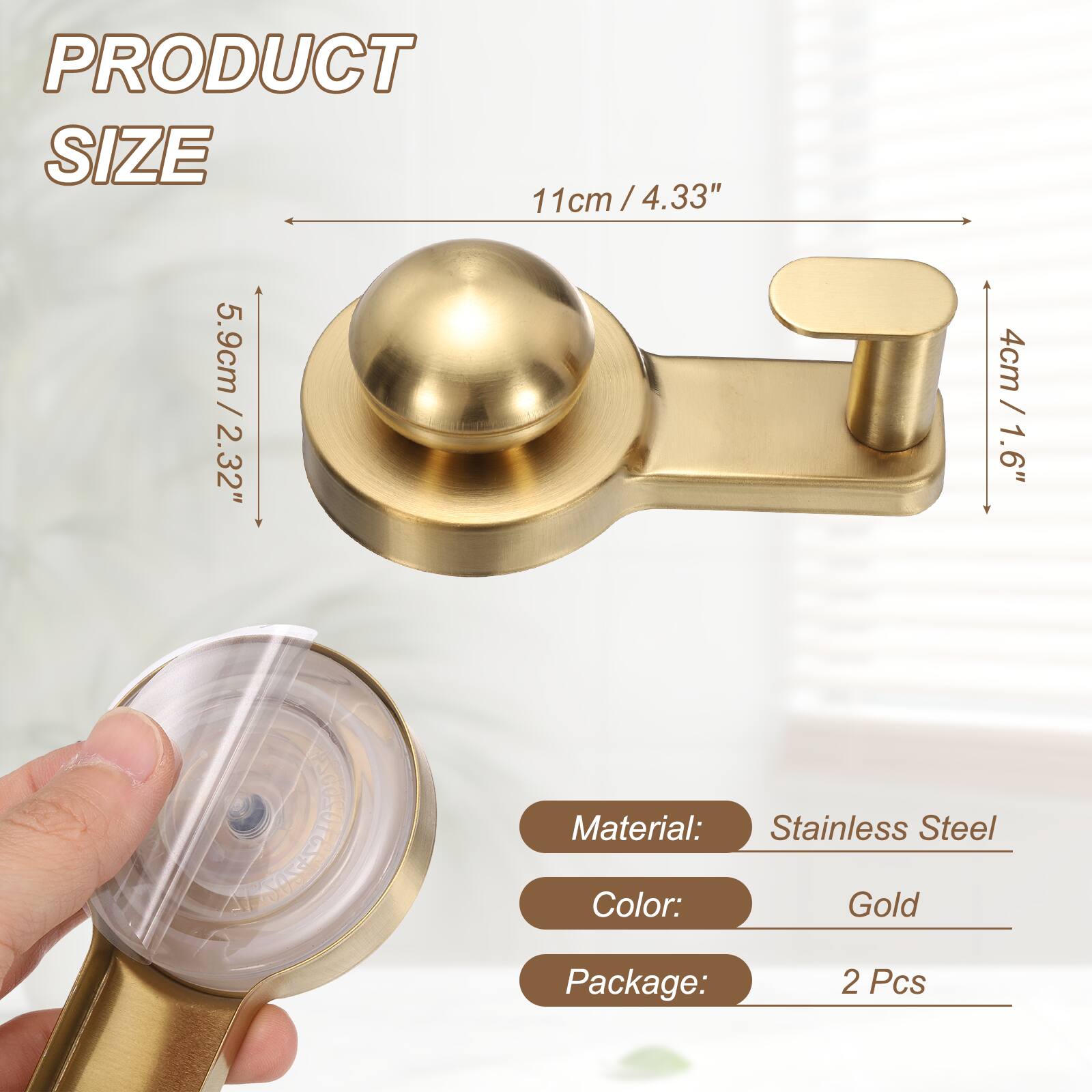 PRODUCT SIZE  
11cm / 4.33"  
5.9cm / 2.32"  
4cm / 1.6"  

Material: Stainless Steel  
Color: Gold  
Package: 2 Pcs