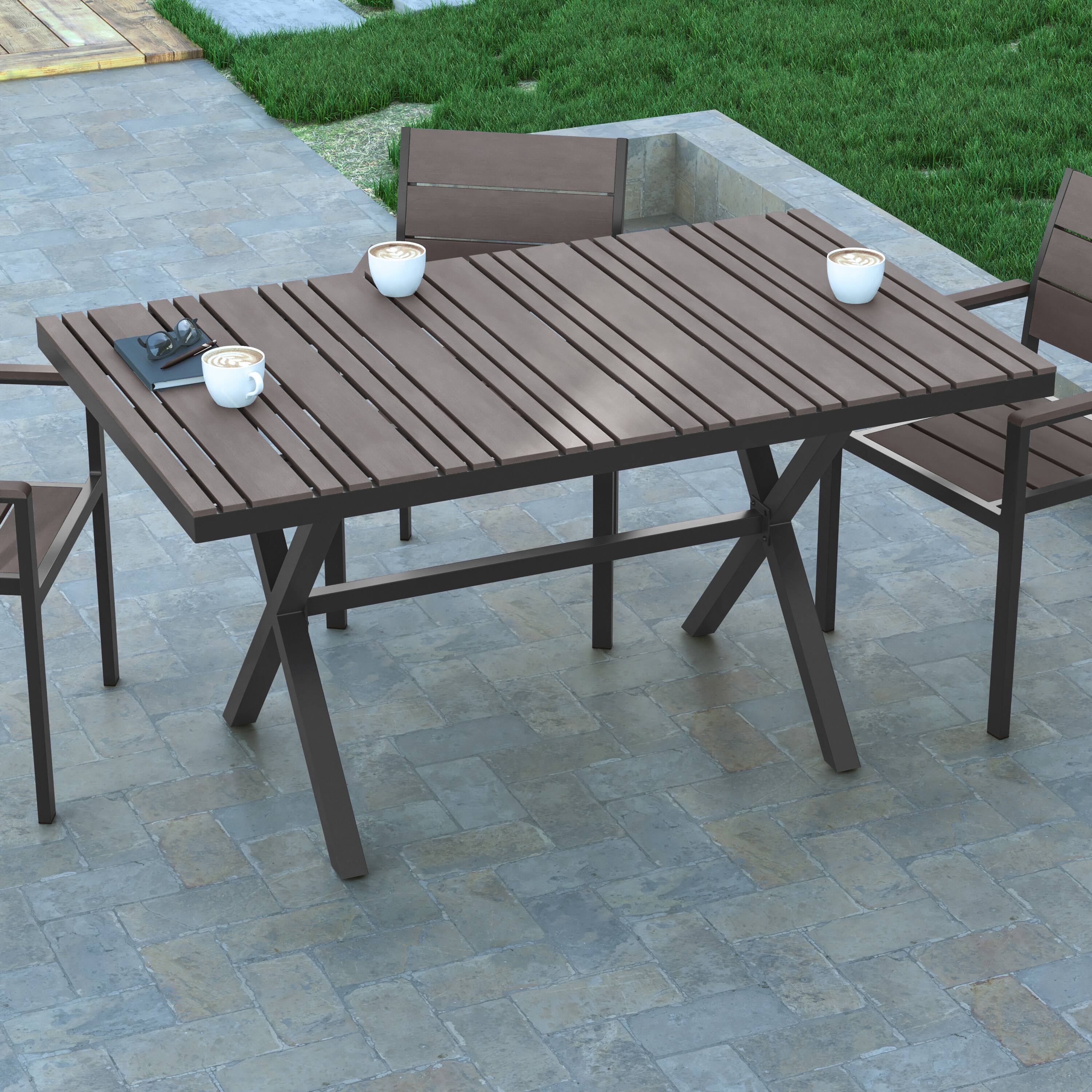 Alt View 3. Emma + Oliver - Fena 59" x 35.5" Outdoor X-Frame Dining Table with Faux Teak Poly Slat Top and Metal Frame - Gray Top/Gray Frame.