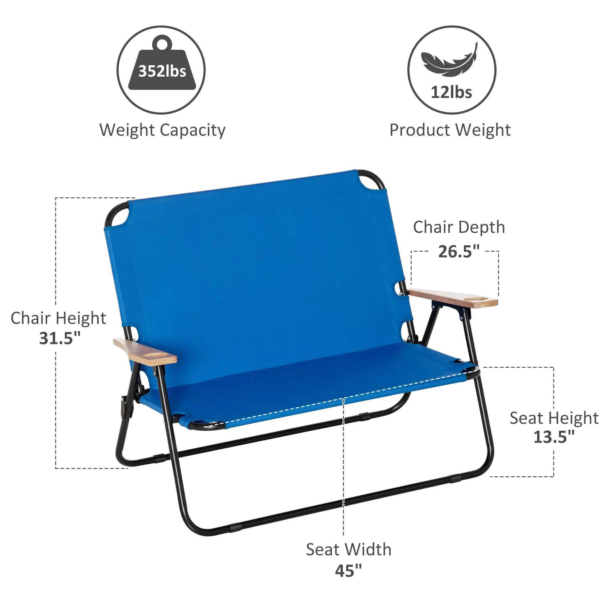 Weight Capacity: 352lbs
Product Weight: 12lbs
Chair Depth: 26.5"
Chair Height: 31.5"
Seat Height: 13.5"
Seat Width: 45"