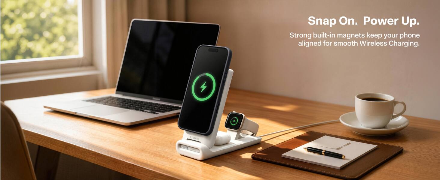 Snap On. Power Up.  
Strong built-in magnets keep your phone aligned for smooth Wireless Charging.