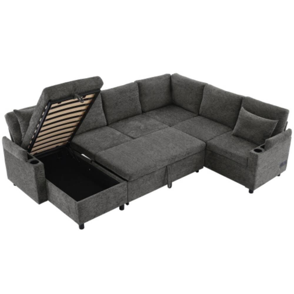 Alt View 6. LUCKY ONE - 109.9" U-Shaped Convertible Sectional Sofa Bed w/ Storage Cup Holders USB Ports - Grey.