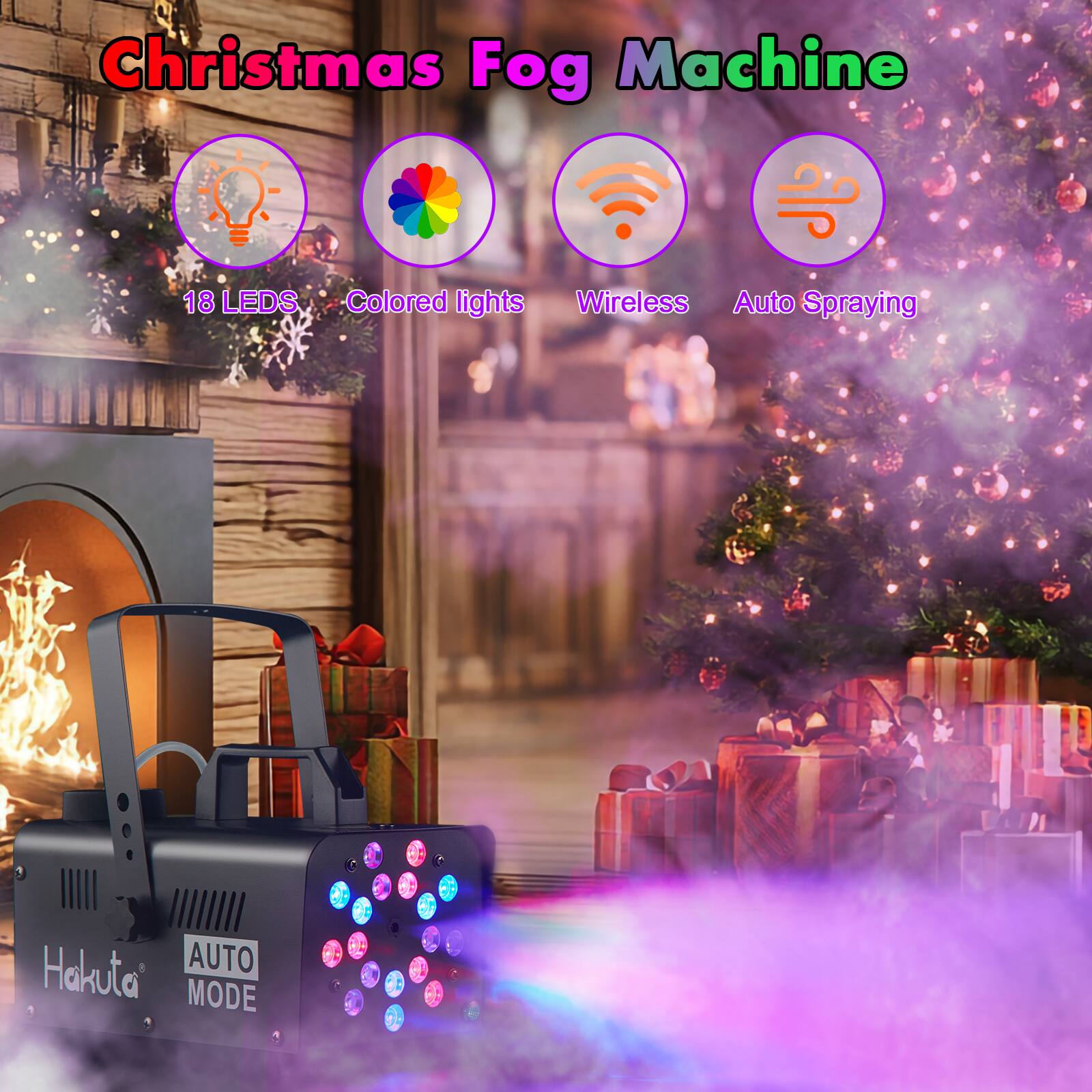 Christmas Fog Machine with 18 LED Colored Lights, Wireless, and Auto Spraying.