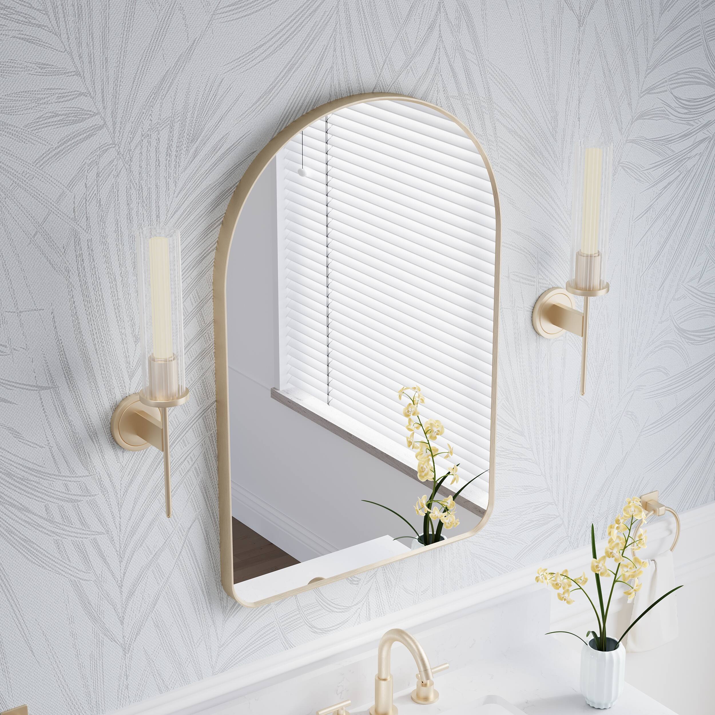 Left. WELLFOR - 24 in. W x 36 in H Arch Anodized Aluminum Framed Bathroom Vanity Mirror - Brushed Gold.