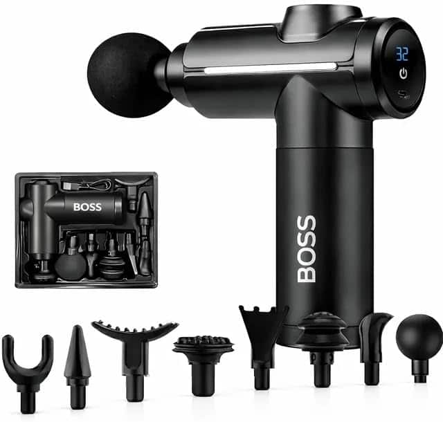 BOSS - Handheld Percussion Massage Gun with 8 Massage Heads, Ultra-Quiet Motor, Smart LCD Display, Type-C Fast Charging