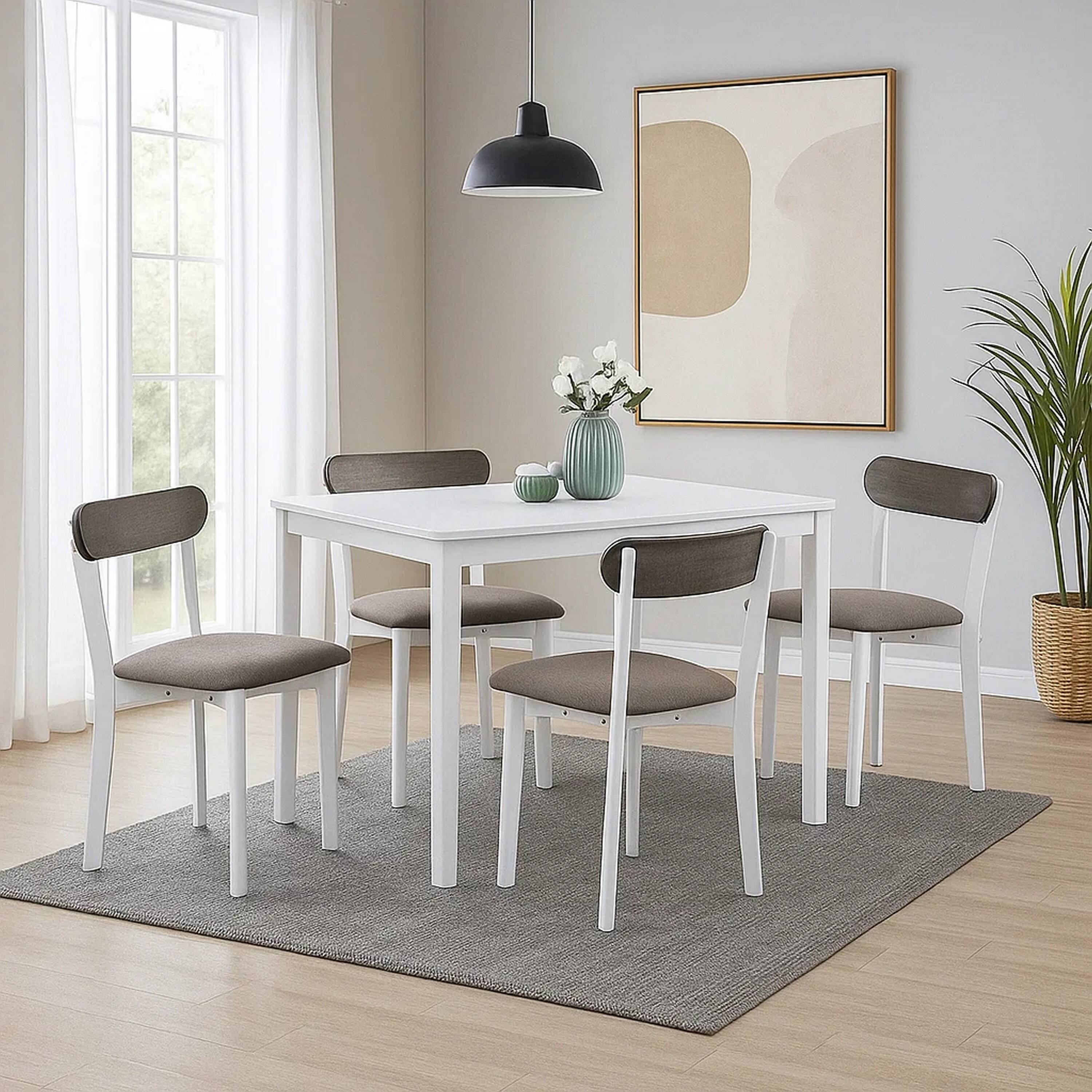 Alt View 6. Manhattan Lane - Ideli 5 Piece Dining Table Set with 4 Chairs, Brown Linen, White Wood - Brown, White.