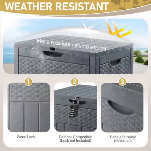WEATHER RESISTANT

More resilient resin material

1. Wood Look
2. Padlock Compatible (Lock not Included)
3. Handle for easy movement