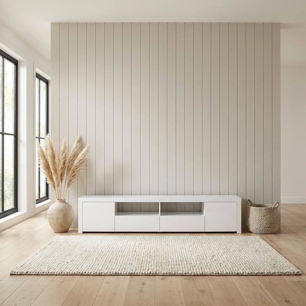 Alt View 2. FurniFact - White high gloss engineered wood TV stand with 2 doors and contemporary design - White.