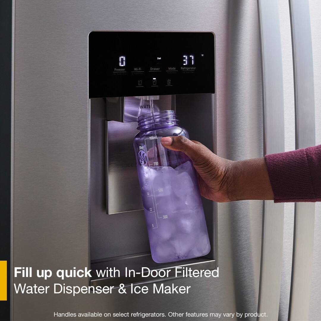 0 Freezer Wi-Fi - Drawer 31 Mode Refrigerator 7 Se WAT I Jmd09 S ICE 700 ROOT 500 a 300 I Fill up quick with In-Door Filtered Water Dispenser & Ice Maker Handles available on select refrigerators. Other features may vary by product.