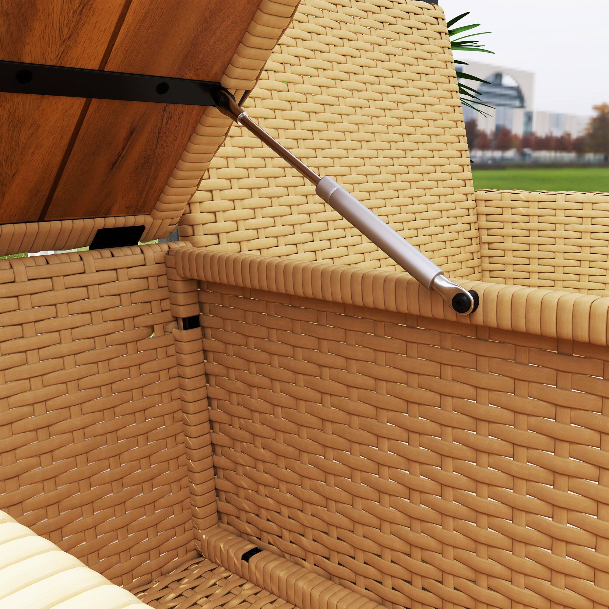 Alt View 8. Outsunny - Rattan Patio Loveseat with Built-in Flip-Top Coffee Table, Outdoor Wicker Sofa with Hidden Storage and Cushions - Khaki.