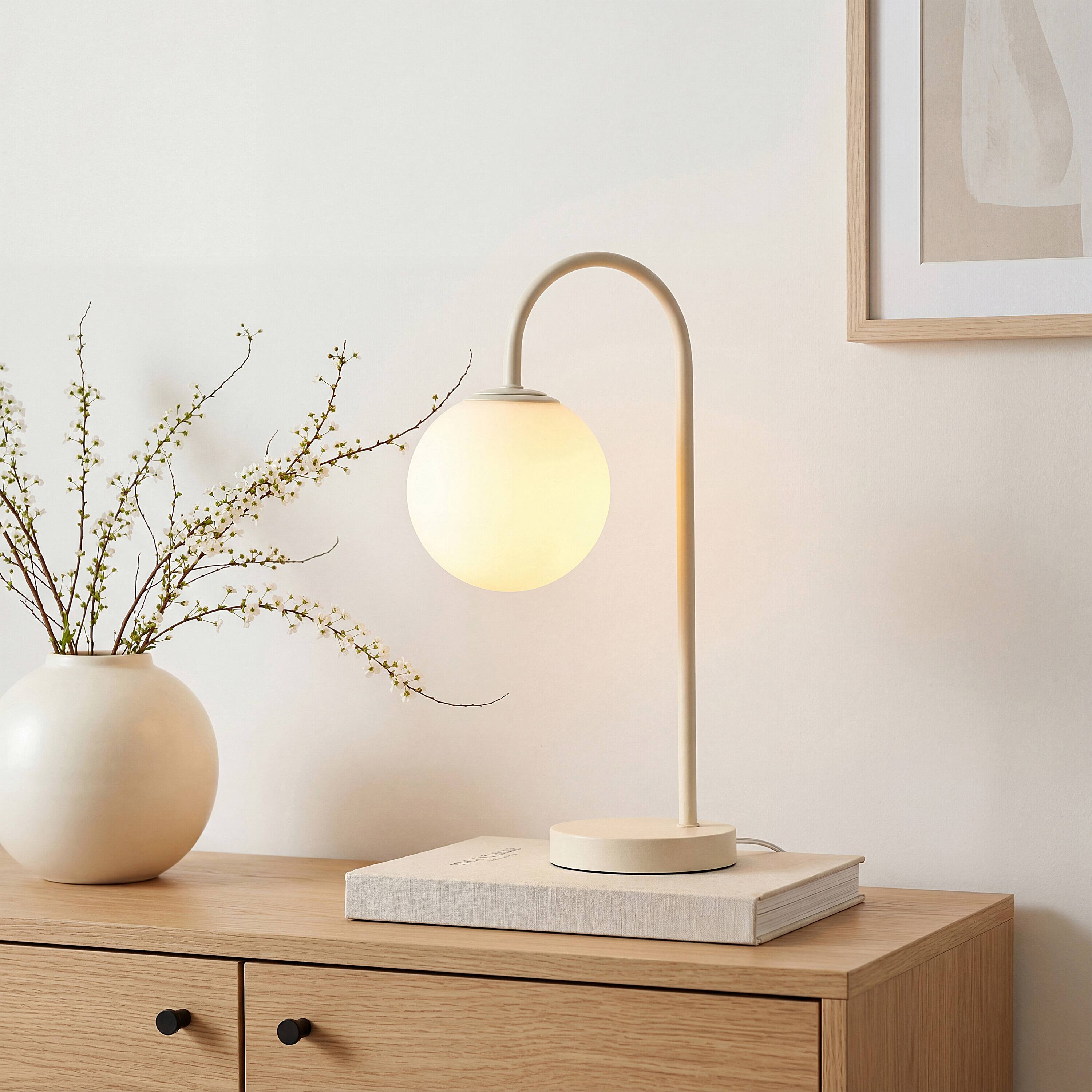 Alt View 1. Jonathan Y - Arco 18.25" Beige Metal Globe Table Lamp with Frosted Glass Shade, Minimalist Lighting for Bedroom or Living Room - Beige.
