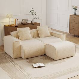 Anysun - Streamlined L-Shape Velvet Sectional Sofa - 2-Seat Boneless Design, No Assembly, Includes Pillows & Ottoman - Cream