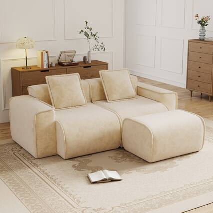Front. Anysun - Streamlined L-Shape Velvet Sectional Sofa - 2-Seat Boneless Design, No Assembly, Includes Pillows & Ottoman - Cream.