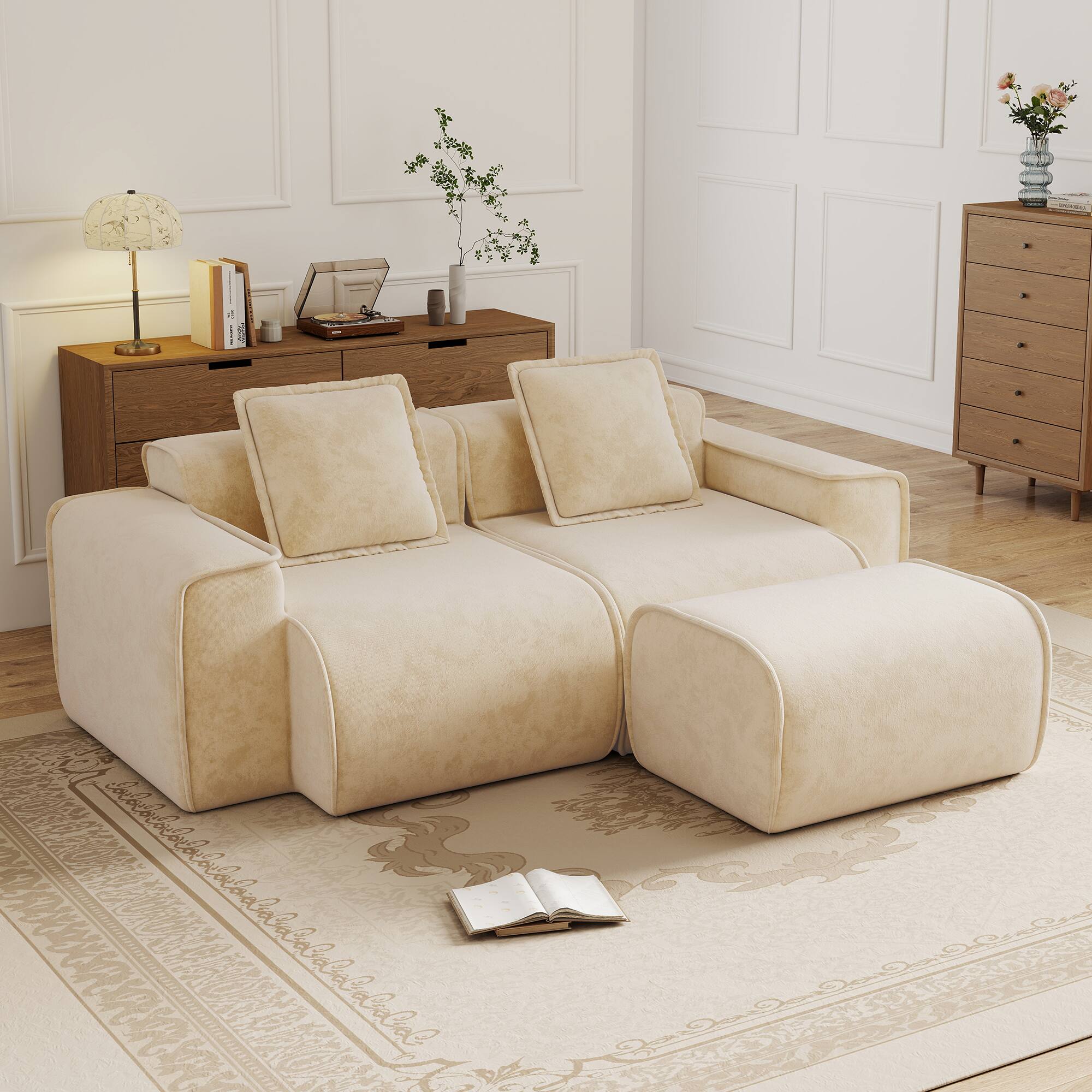 Front. Anysun - Streamlined L-Shape Velvet Sectional Sofa - 2-Seat Boneless Design, No Assembly, Includes Pillows & Ottoman - Cream.