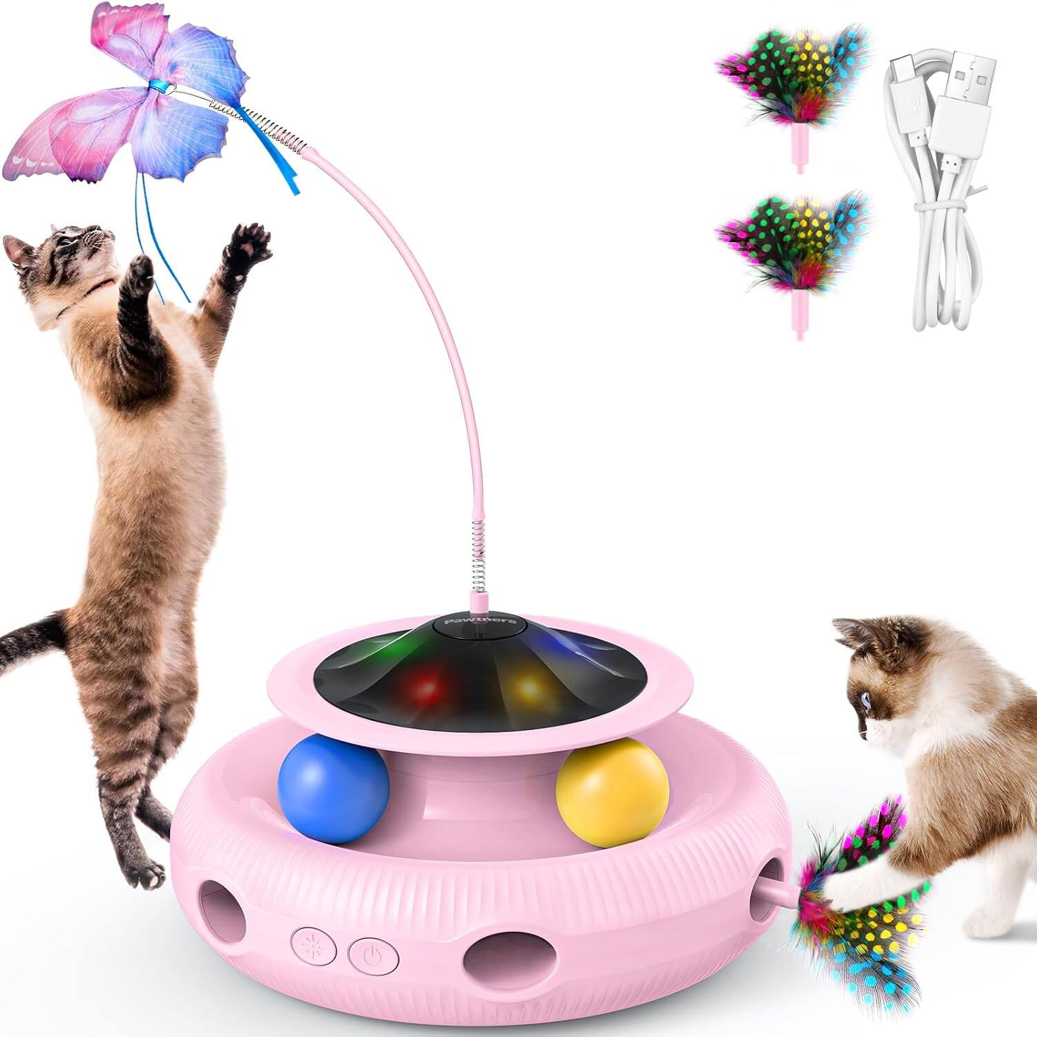 Front. Pawtners - Interactive Cat Toy 3-in-1: Electric Kitty Toy with Battery, Rotating Butterfly, Track Ball & Feather, Pink Color - Pink.