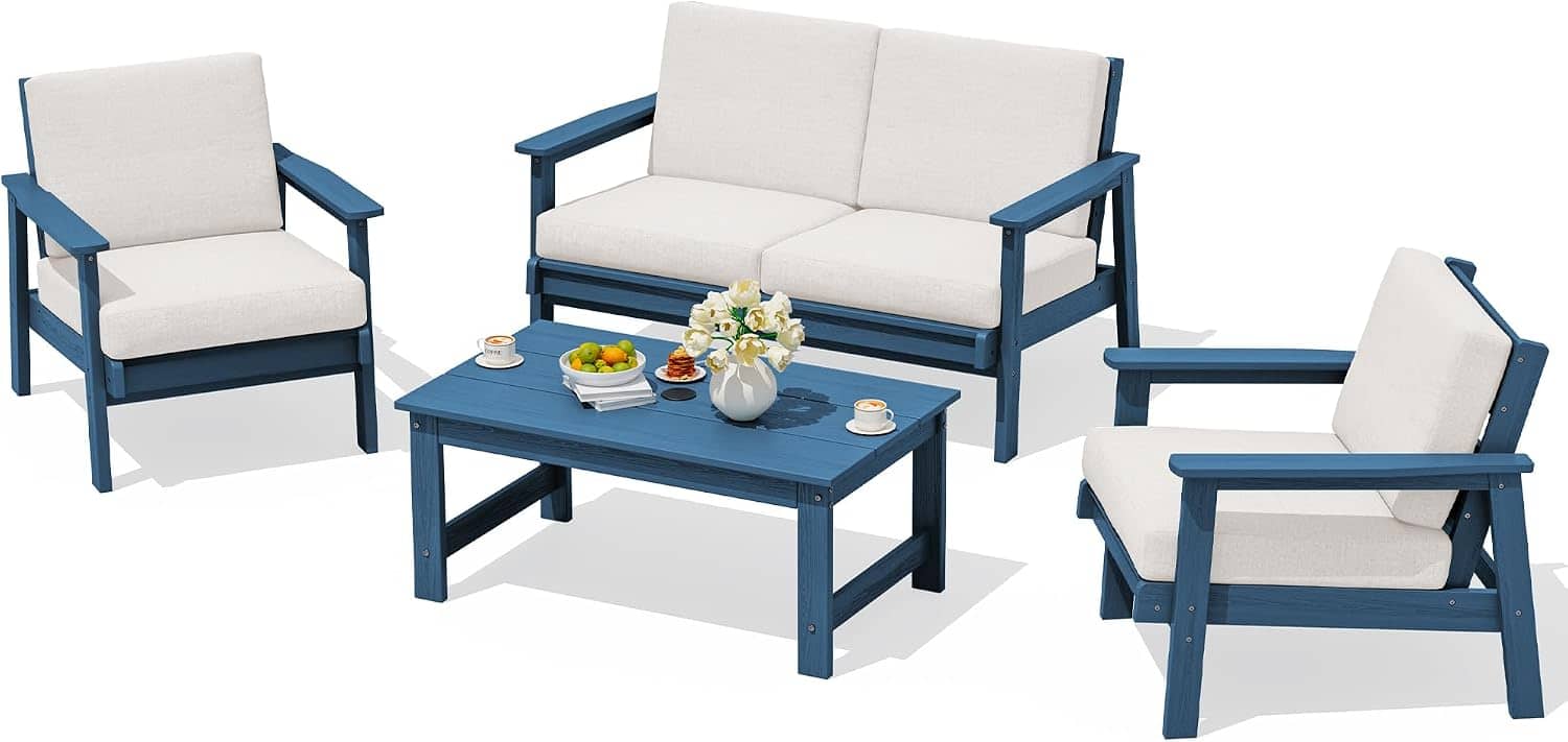 SERWALL - HDPE Outdoor Furniture Set, 4 Piece Outdoor Sofa Set, Havy-duty Weatherproof HDPE Frame with Wood-Like Texture - Blue/Khaki price history on PriceWatchPro