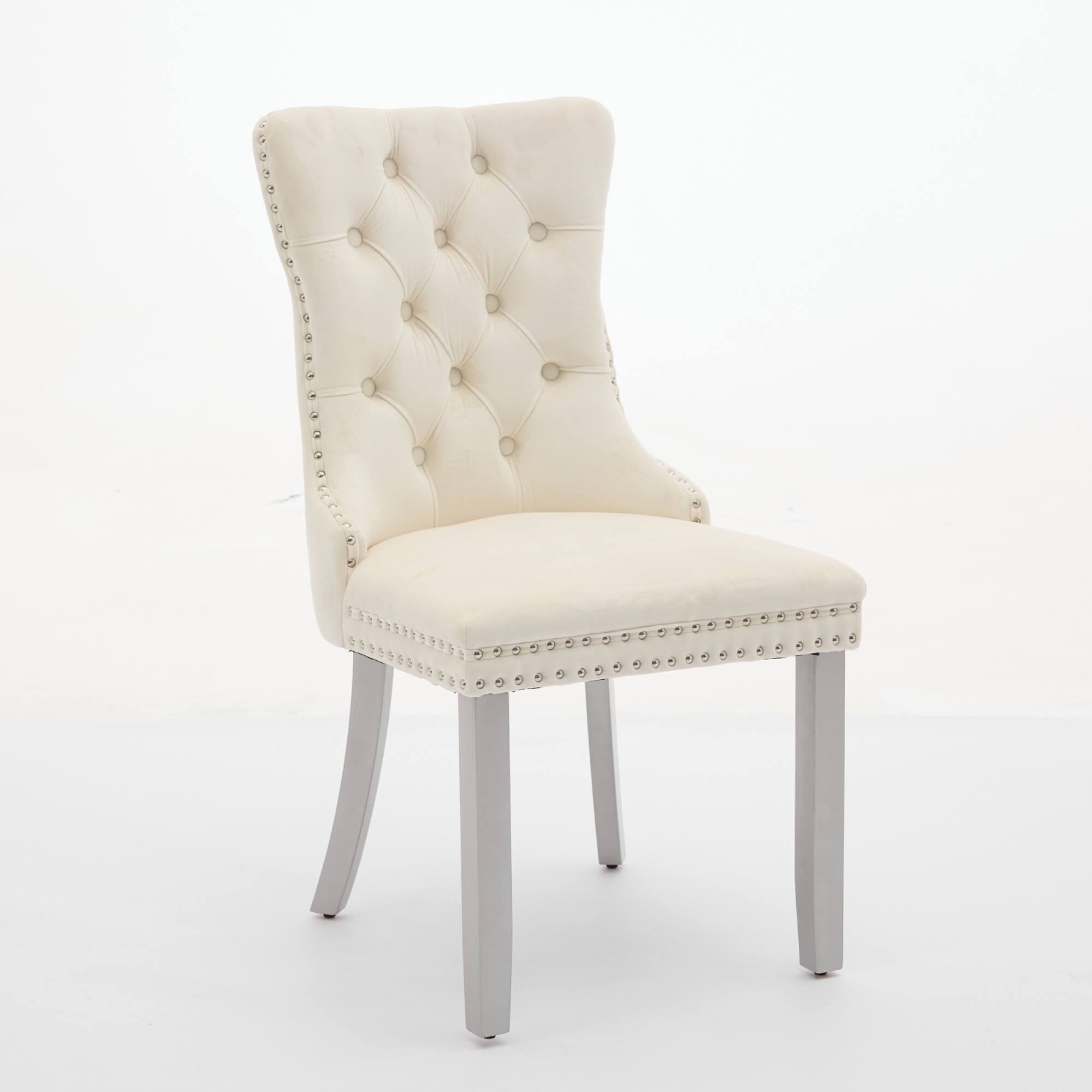 Left. GOODSILO - Modern High-End Tufted Velvet Upholstered Dining Chairs with Solid Wood Legs and Nailhead Trim, Set of 2 - Milk White.
