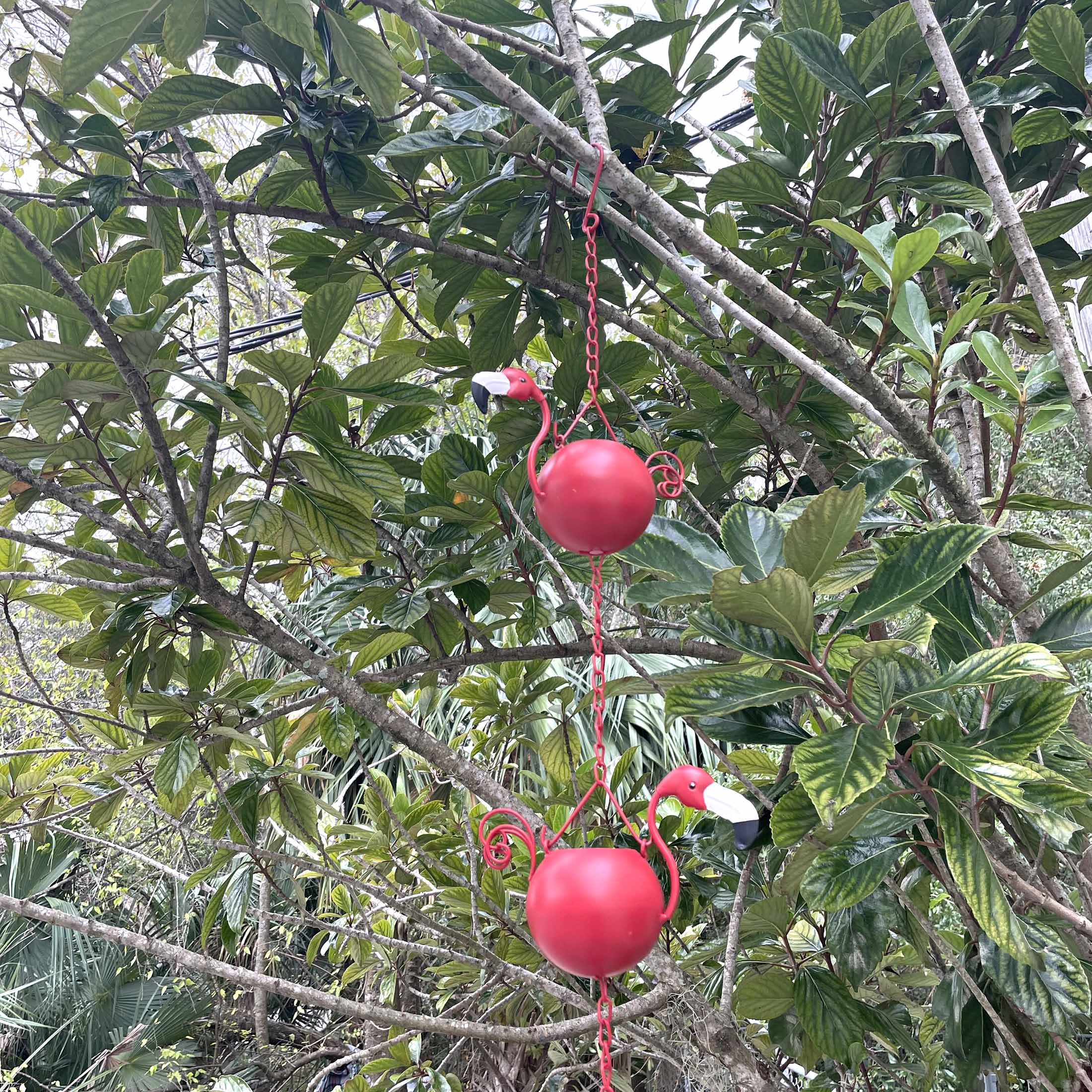 Alt View 4. Things2Die4 - 90-Inch Metal Rain Chain - 8 Portly Flamingos, 7" Long Each, Muted Red Finish - Red.