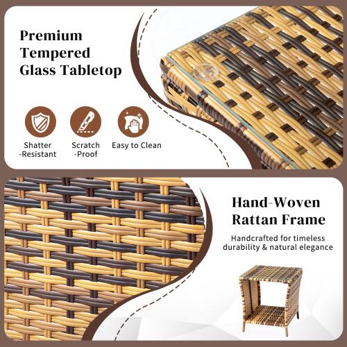 Premium Tempered Glass Tabletop  
- Shatter-Resistant  
- Scratch-Proof  
- Easy to Clean  

Hand-Woven Rattan Frame  
Handcrafted for timeless durability & natural elegance