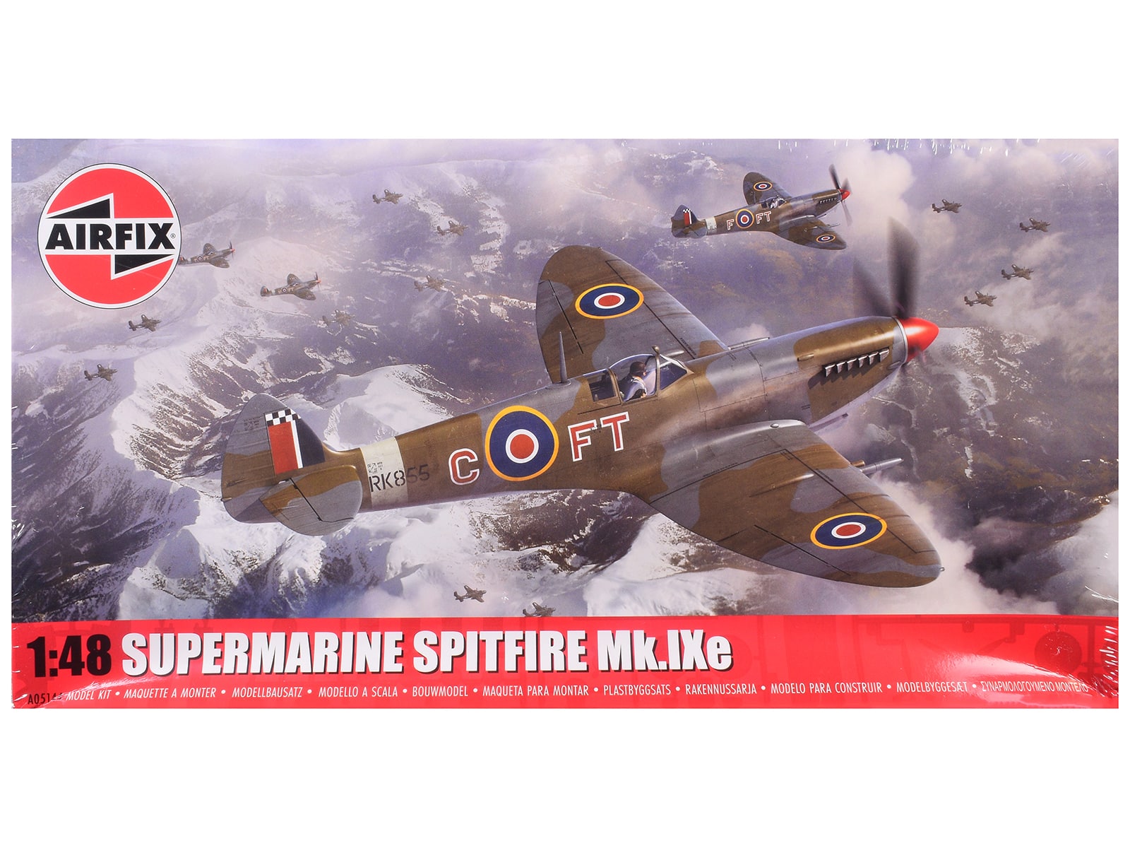 Level 2 Model Kit Supermarine Spitfire Mk.IXe Fighter Aircraft with 3 Scheme Options 1/48 Plastic Model Kit by Airfix - Multicolor