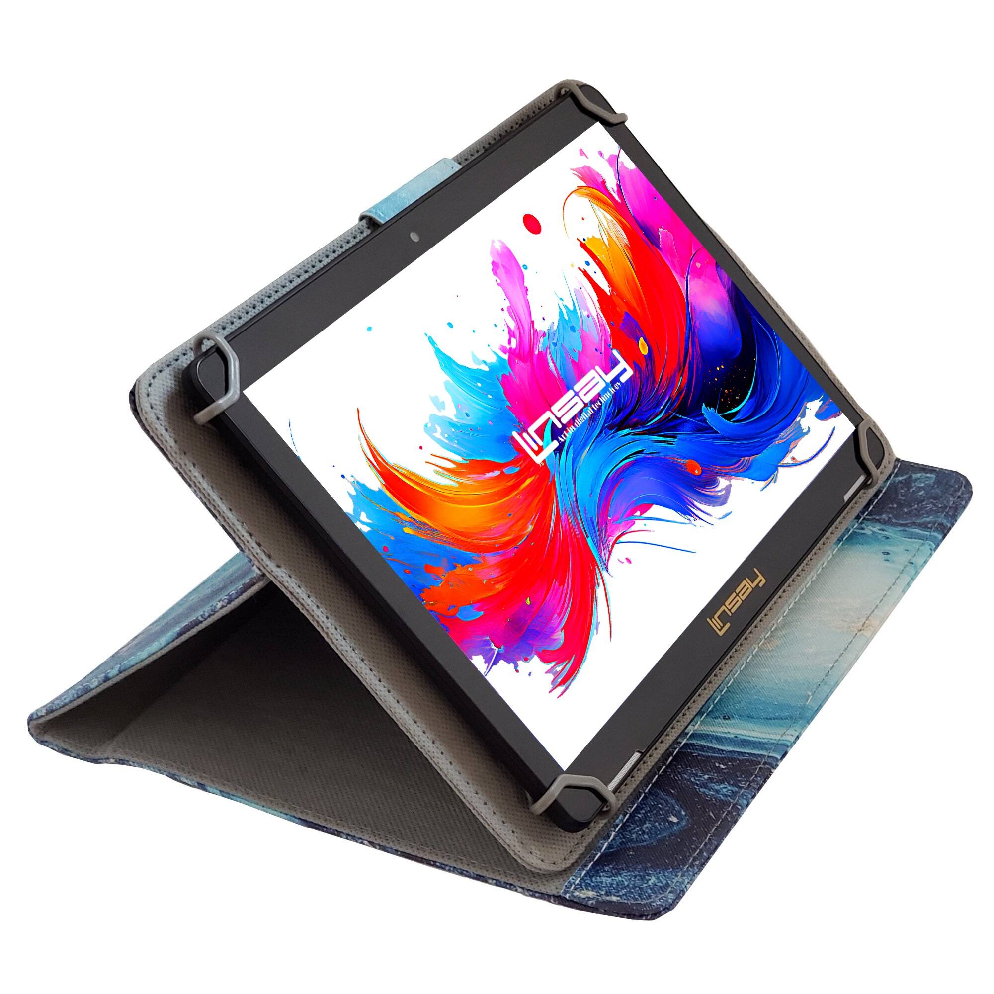 Angle. LINSAY - 10.1"Octa Core 256GB Storage Android 15 Tablet with Ocean Marble Case - Blue.