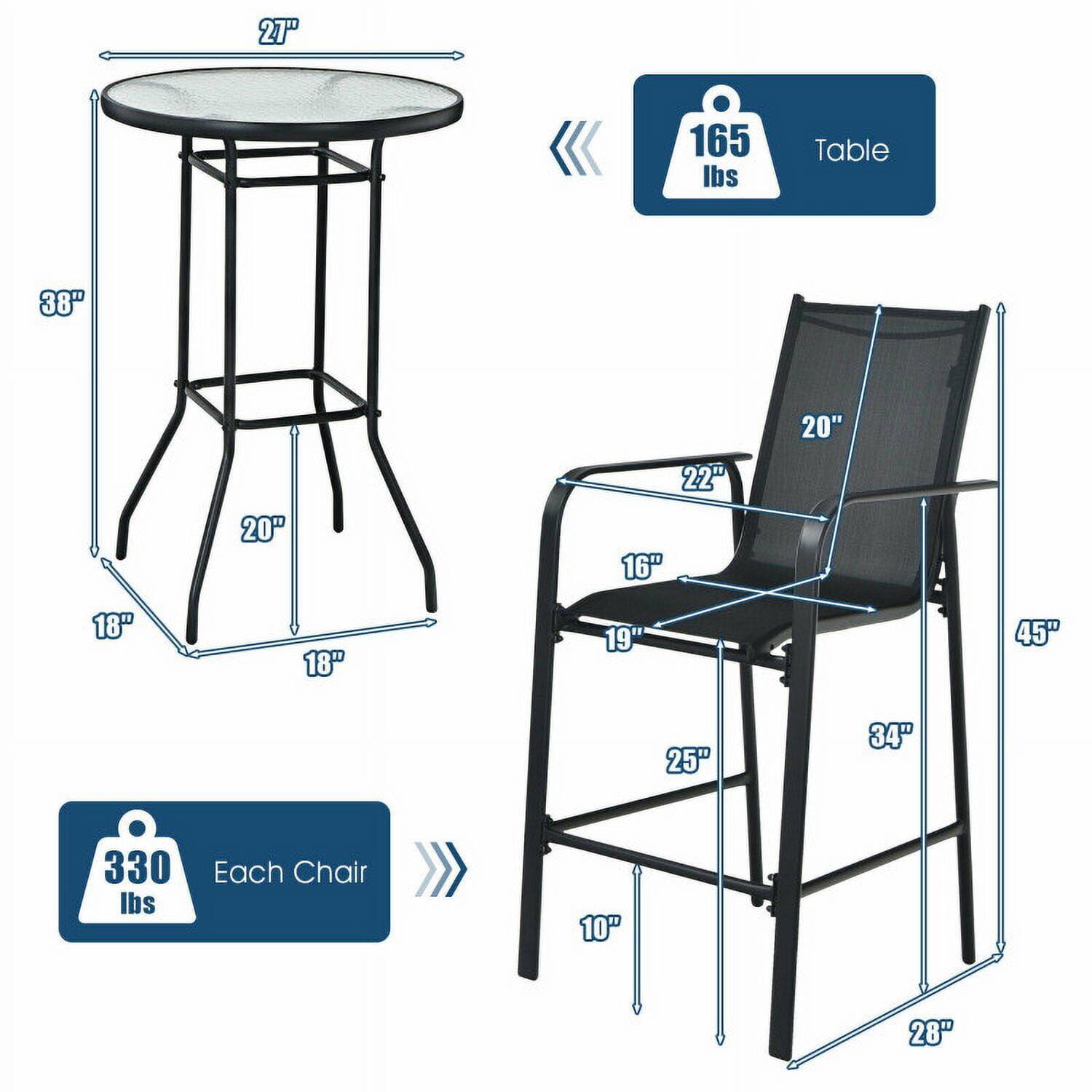 21" diameter table with a height of 38", 20" width, 18" depth, and 16" seat height. The table has a weight capacity of 165 lbs.

Each chair has dimensions of 22" width, 20" depth, 16" seat height, 19" back height, 25" seat depth, 34" overall height, and 10" armrest height. The chair has a weight capacity of 330 lbs.