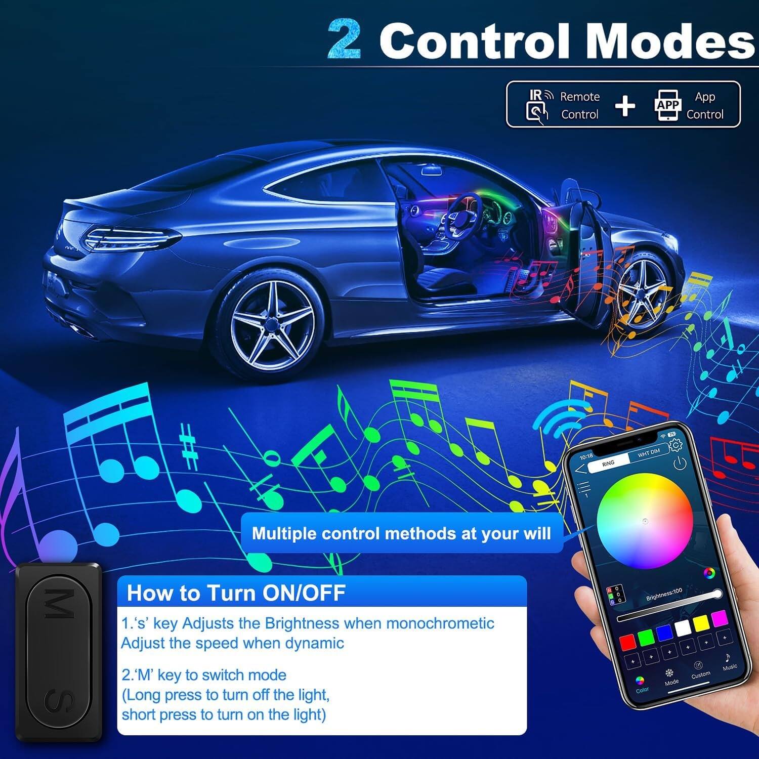 2 Control Modes  
IR Remote Control + App Control  

Multiple control methods at your will  

How to Turn ON/OFF  
1. 'S' key Adjusts the Brightness when monochromatic  
Adjust the speed when dynamic  
2. 'M' key to switch mode  
(Long press to turn off the light, short press to turn on the light)