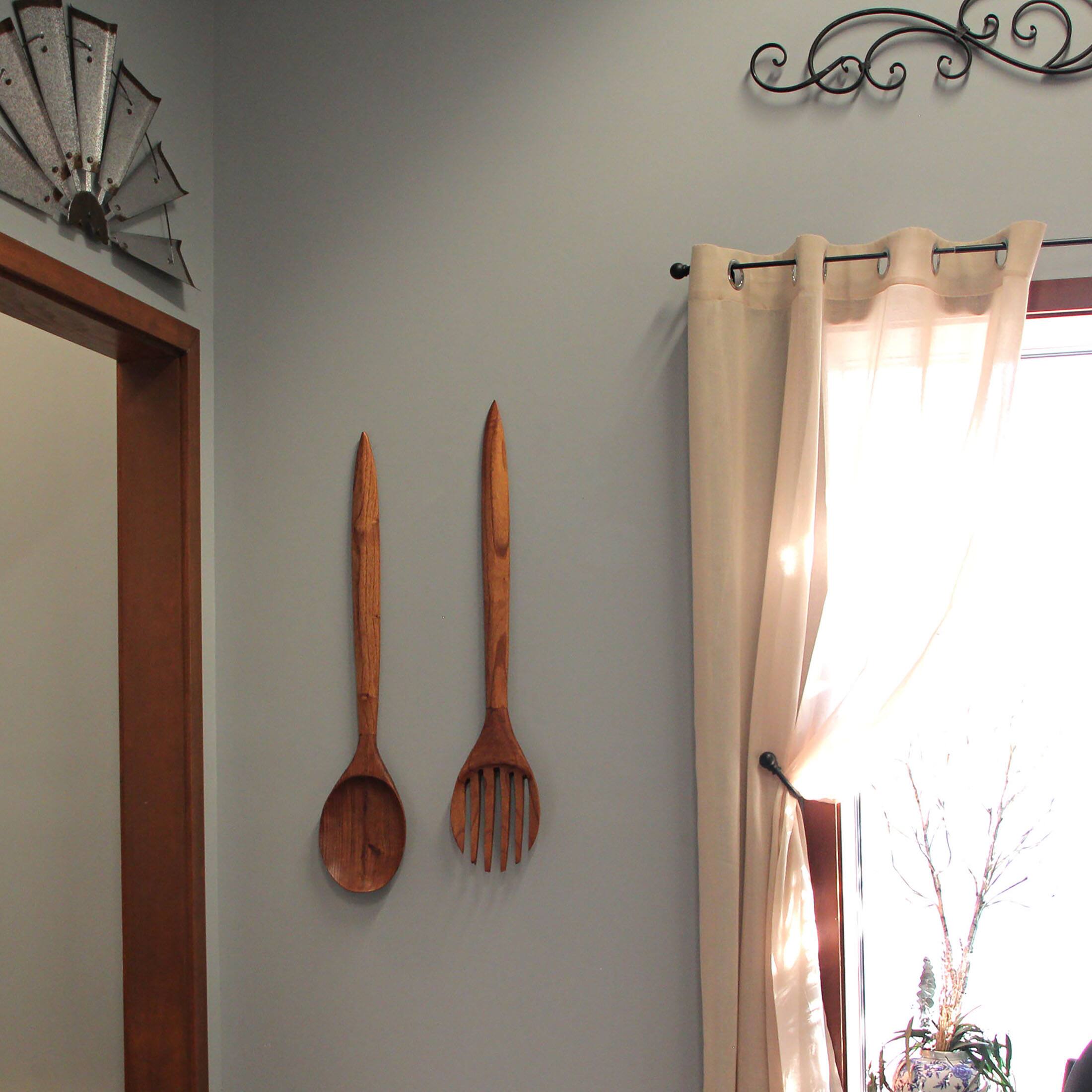 Alt View 4. Zeckos - Oversized Wooden Fork & Spoon Wall Decor - Rustic Minimalist Art, 35.5" High - Natural.