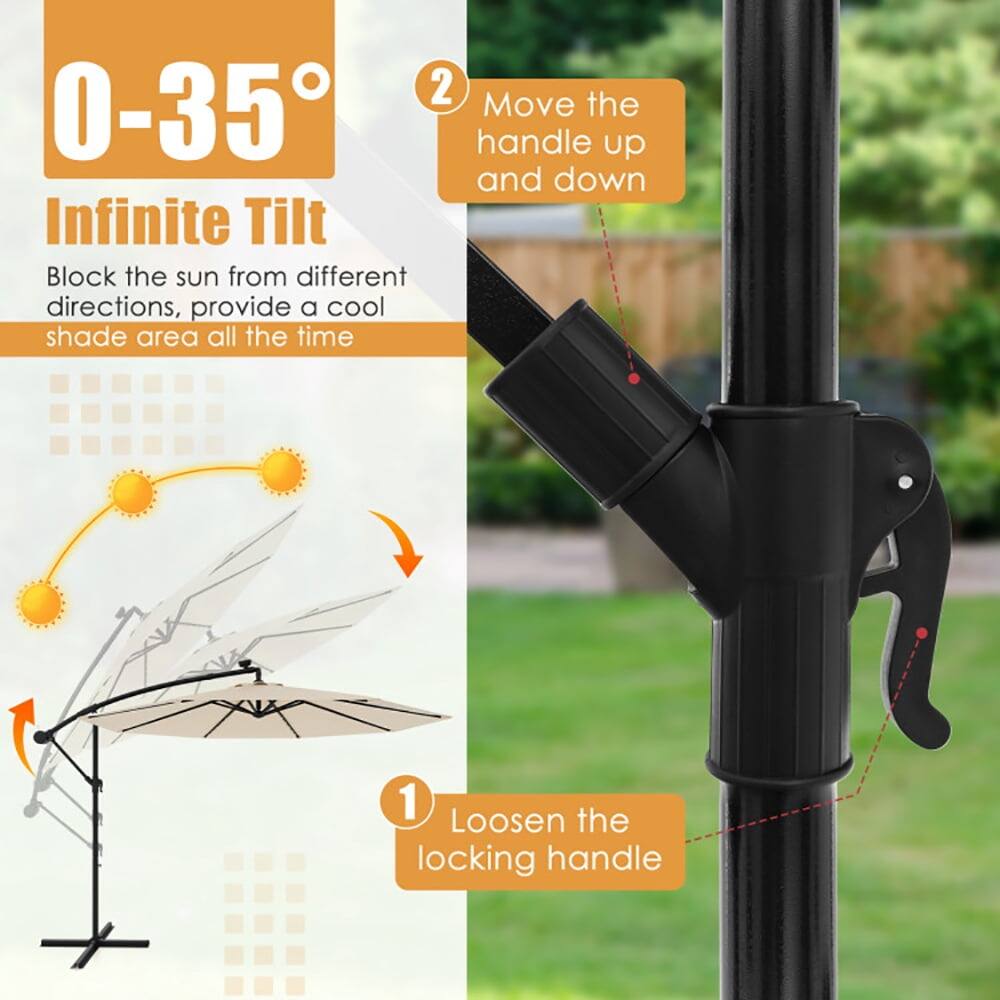1. Loosen the locking handle  
2. Move the handle up and down  

0-35° Infinite Tilt  
Block the sun from different directions, provide a cool shade area all the time