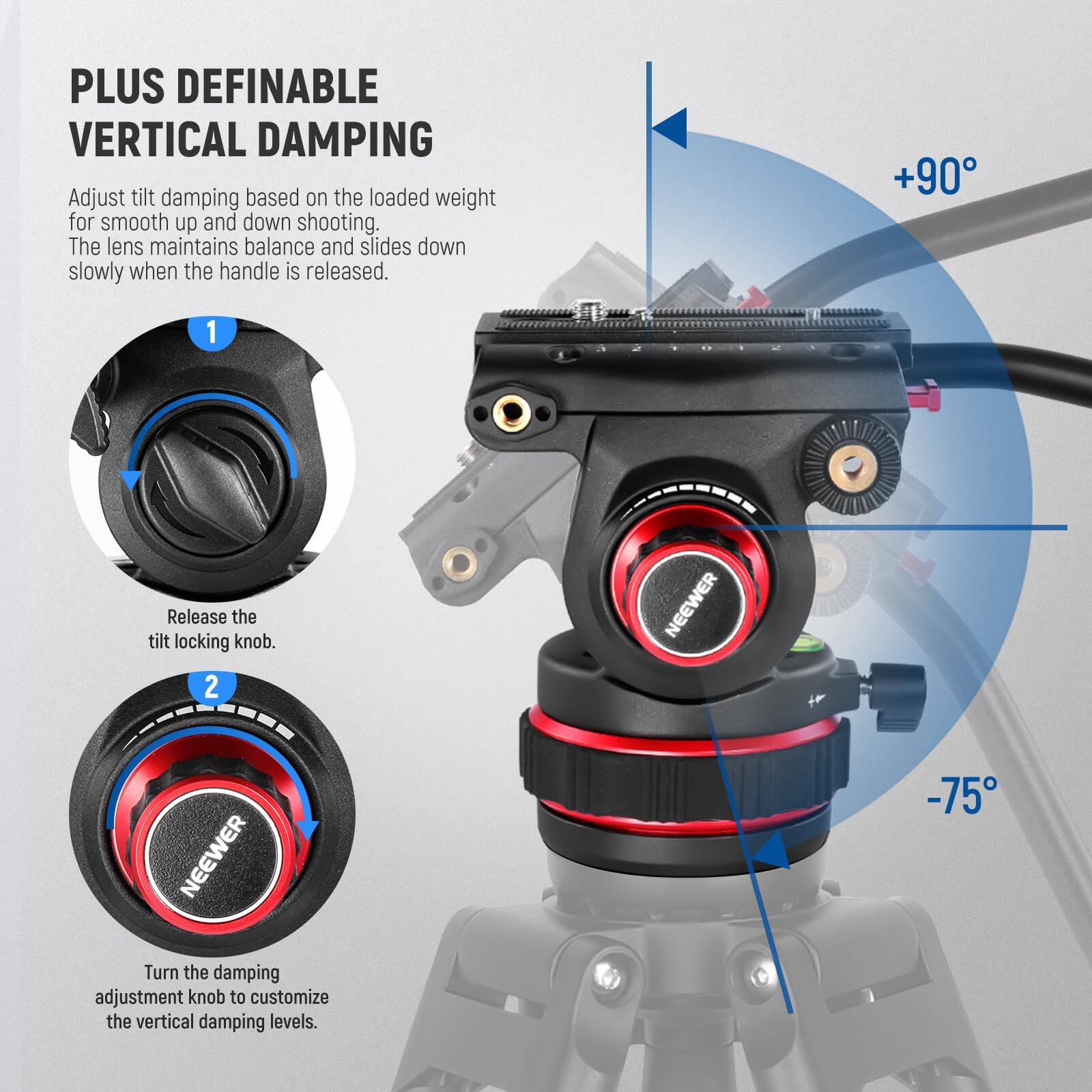 PLUS DEFINABLE VERTICAL DAMPING

Adjust tilt damping based on the loaded weight for smooth up and down shooting. The lens maintains balance and slides down slowly when the handle is released.

1. Release the tilt locking knob.
2. Turn the damping adjustment knob to customize the vertical damping levels.

+90°
-75°
