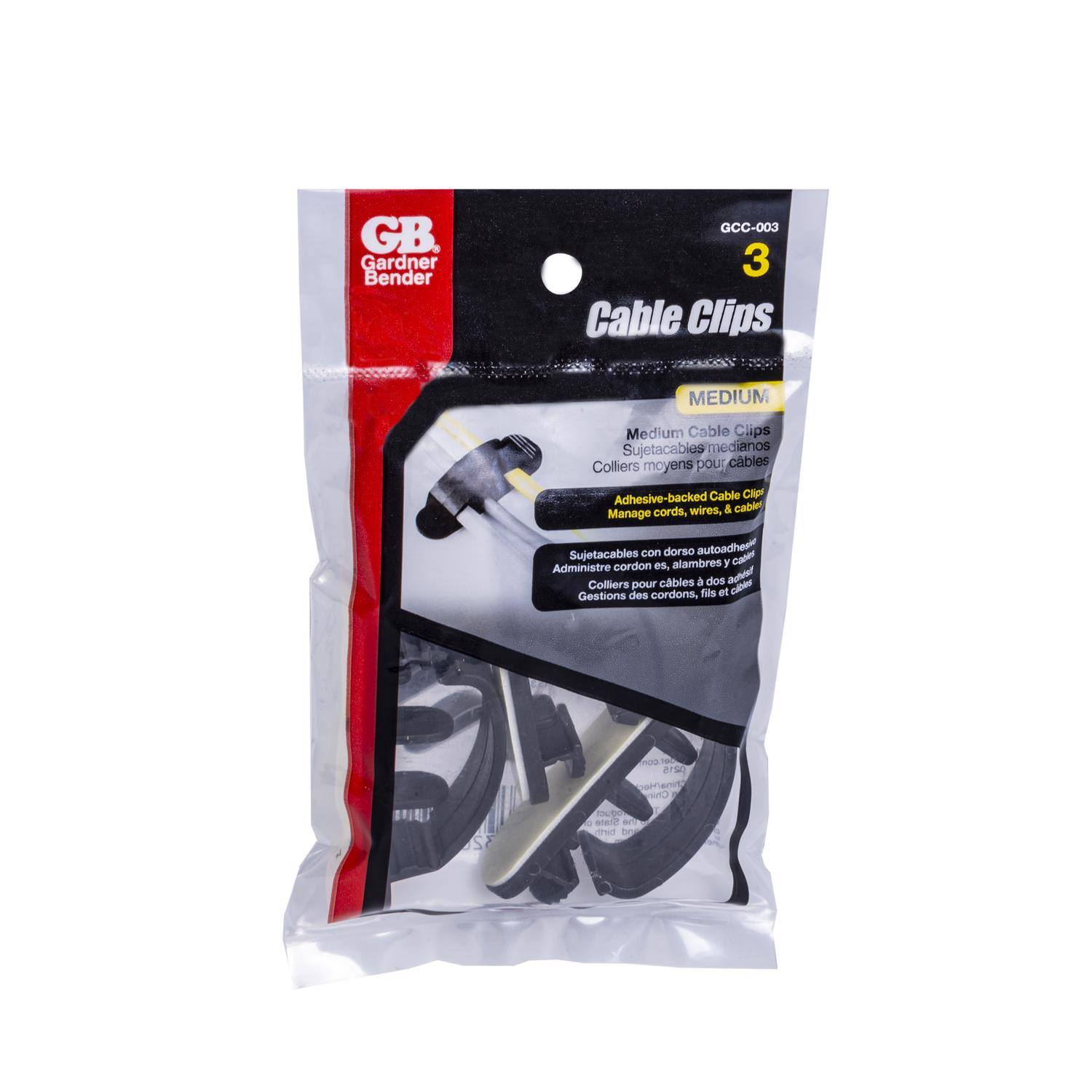 GB. Gardner Bender GCC-003 3 Cable Clips MEDIUM Medium Cable Clips Sujetacables medianos Colliers moyens pour cables Adhesive-backed Cable Clips Manage cords, wires, & cable Sujetacables con dorse autoadhesivo Administre cordones, alambres y cables Gestions des cordons, fils et cables