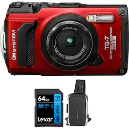 Bundle - OM System - Olympus Tough TG-7 12MP 4K Underwater Digital Camera + 64GB Card Adventure Kit - Red