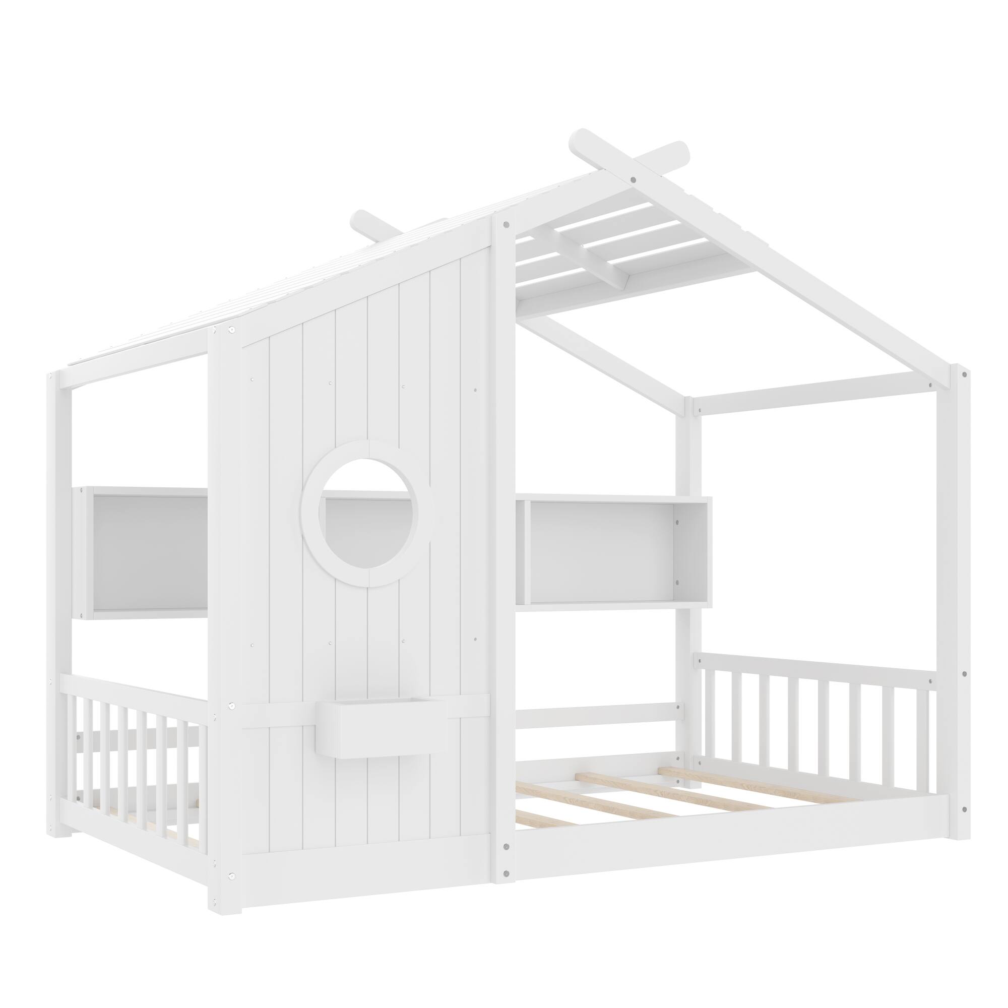 Alt View 2. GOODSILO - Twin Size Floor House Bed for Toddlers and Kids with Storage Shelf and Playhouse Roof Design - White.