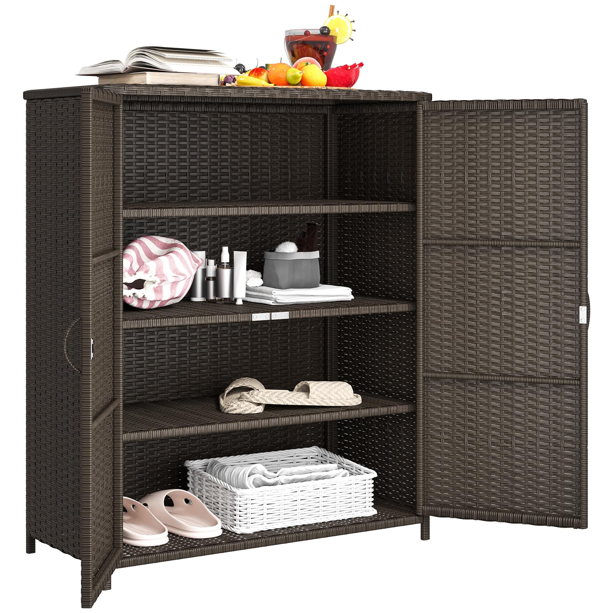 Outsunny - Wicker Outdoor Storage Cabinet with 4 Shelves and 2 Doors for Garden Pool Towel Storage - Dark Coffee