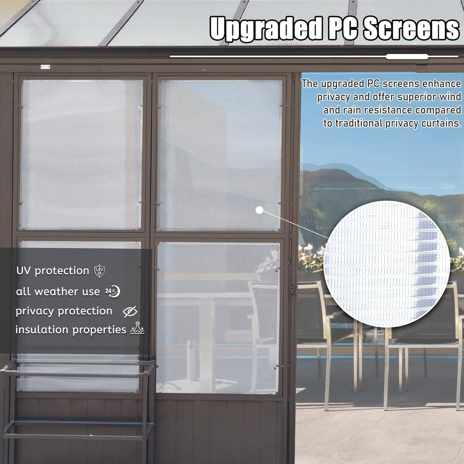 Upgraded PC Screens

The upgraded PC screens enhance privacy and offer superior wind and rain resistance compared to traditional privacy curtains.

- UV protection
- All weather use
- Privacy protection
- Insulation properties