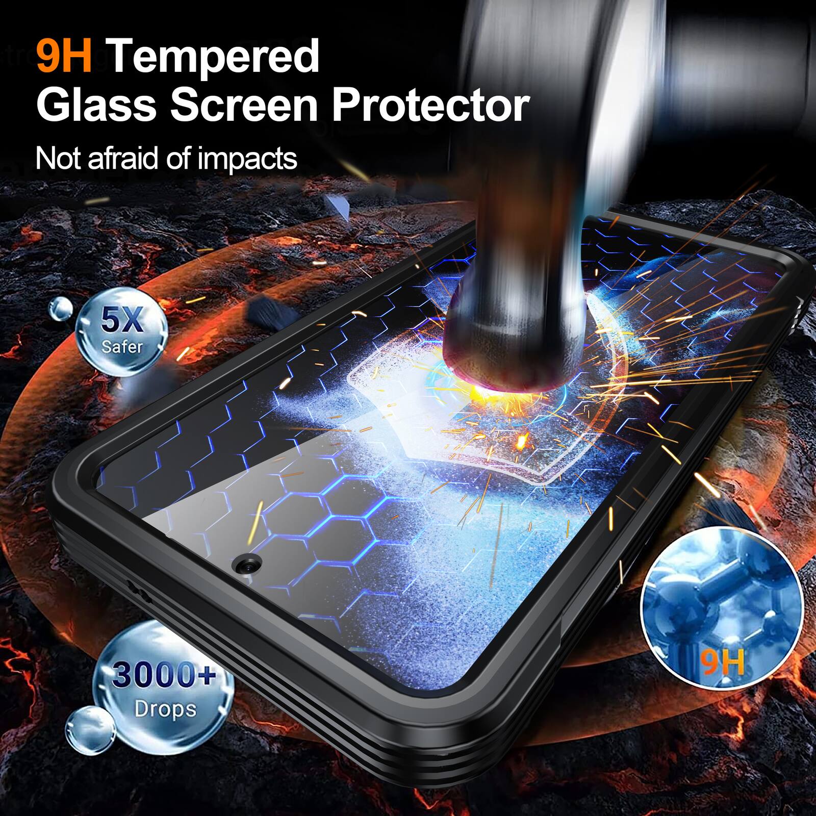 9H Tempered Glass Screen Protector  
Not afraid of impacts  
5X Safer  
3000+ Drops  
9H