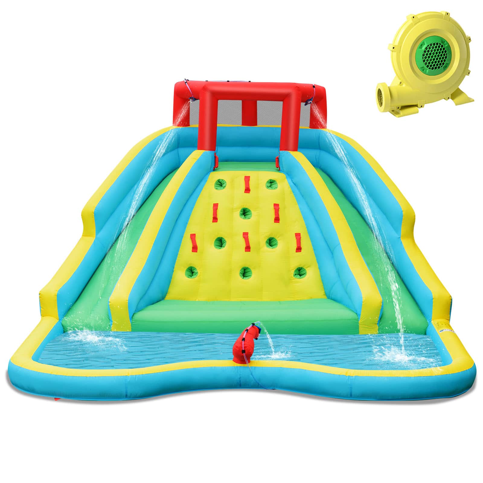 Costway - Inflatable Mighty Water Park Bouncy Splash Pool Climbing Wall w/ 735W Blower - Multicolor