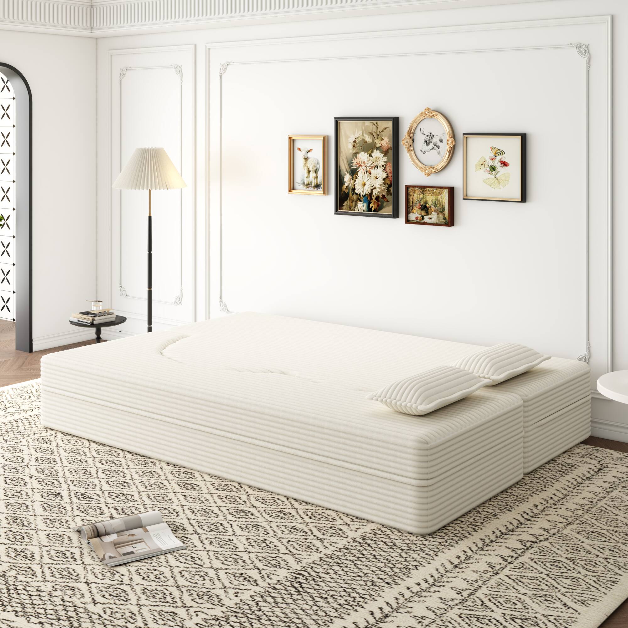 Alt View 1. GOODSILO - Convertible Plush Corduroy Floor Sleeper Sofa with Dual Pillows for Living Room and Guest Use - Beige+White.