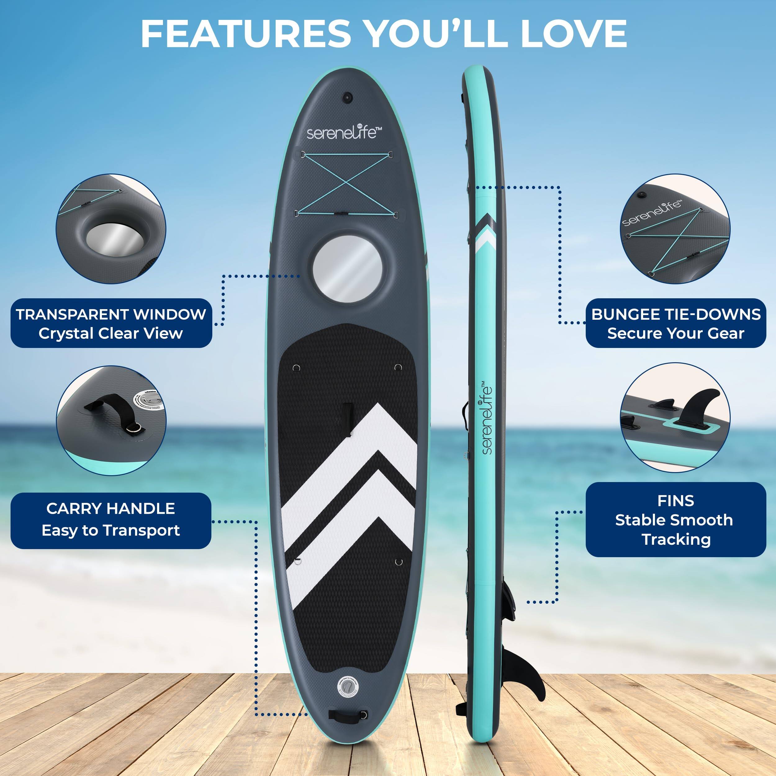FEATURES YOU'LL LOVE

- TRANSPARENT WINDOW
  Crystal Clear View

- CARRY HANDLE
  Easy to Transport

- BUNGEE TIE-DOWNS
  Secure Your Gear

- FINS
  Stable Smooth Tracking