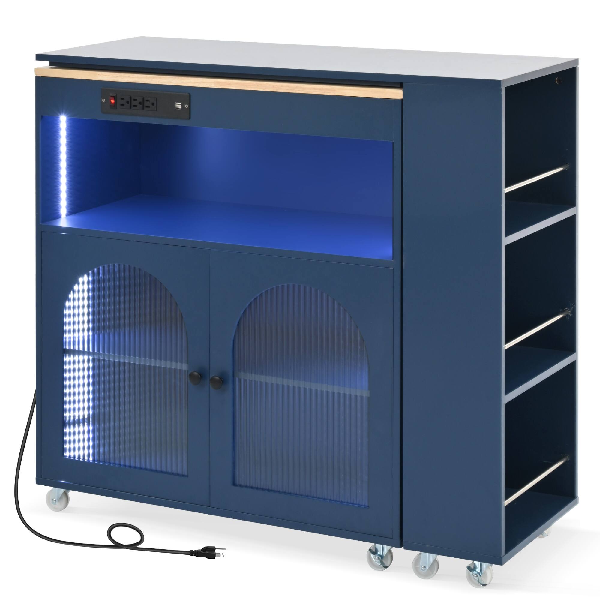 Alt View 1. Forest'nSky - Rolling Kitchen Island with Extendable Table – LED Lights, Power Outlets, 2  Doors & 3 Open Shelves, Navy Blue - Navy Blue.