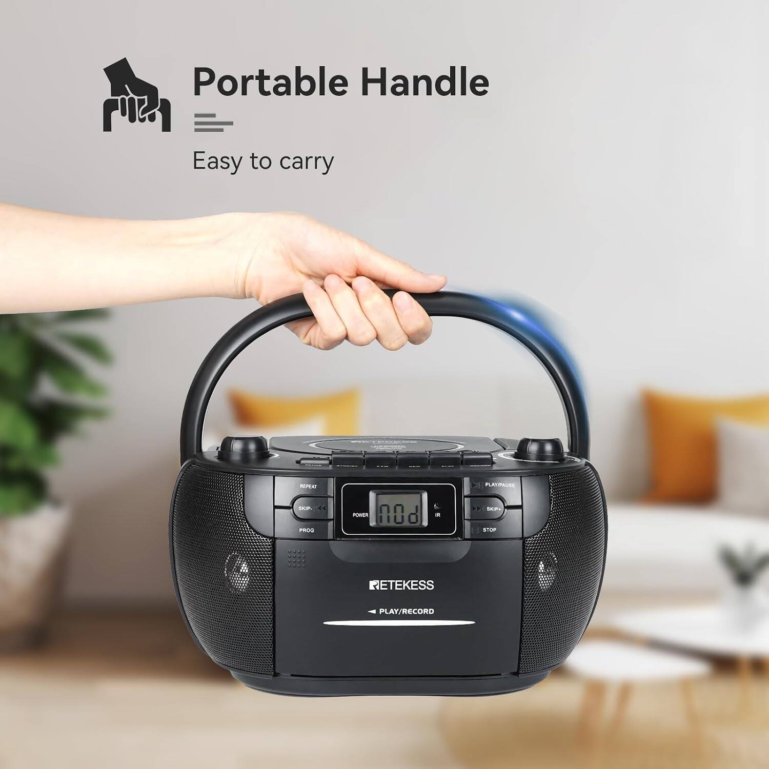 Portable Handle  
Easy to carry  

REPEAT SKIP. PROG ....  
g POWER ON/ETEKESS PLAY/RECORD  
PLAY/PAUSE 44 100, STOP