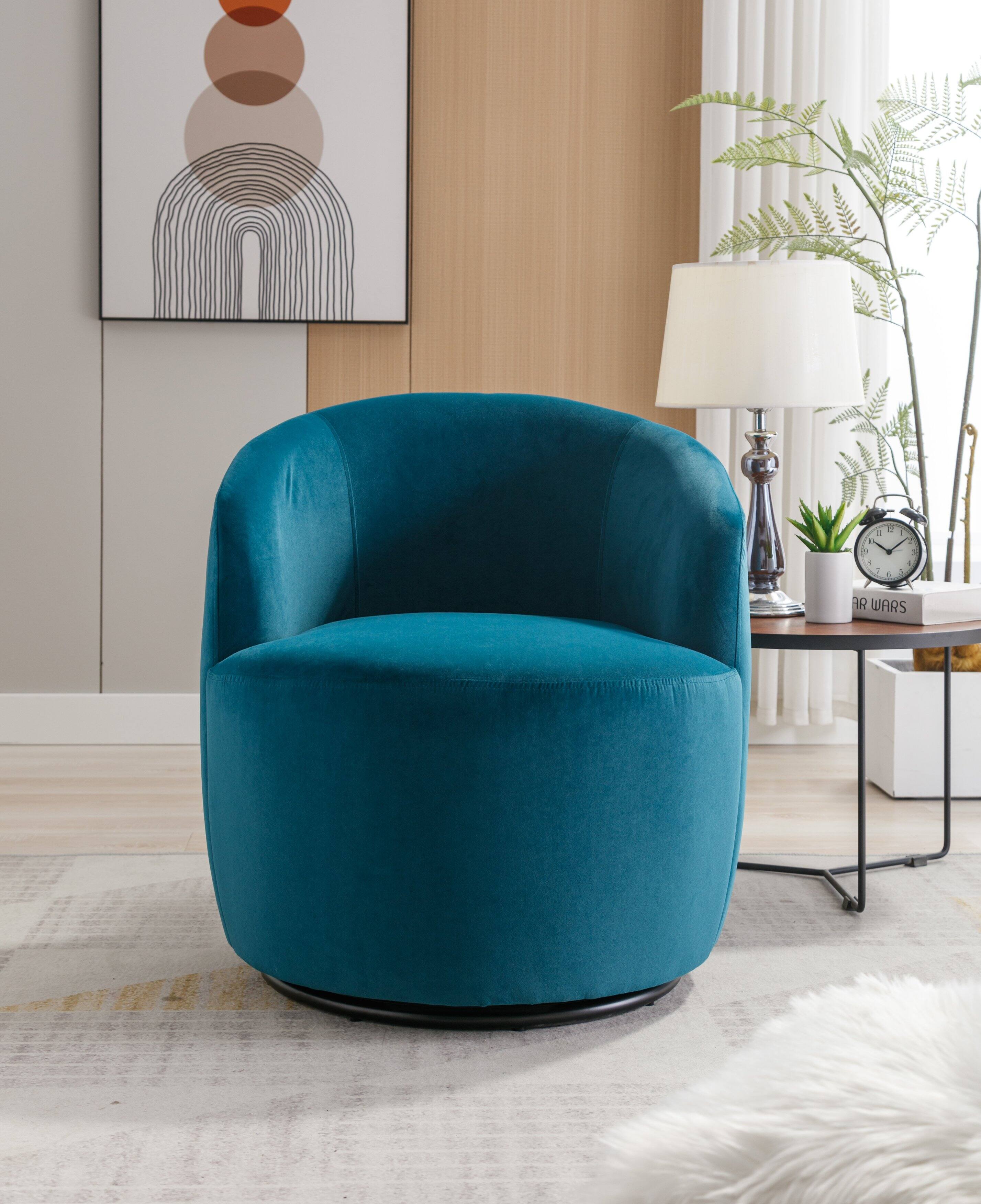 Front. COWLOWN - Velvet Fabric Swivel Accent Armchair Barrel Chair with Metal Ring Base Teal - Teal.