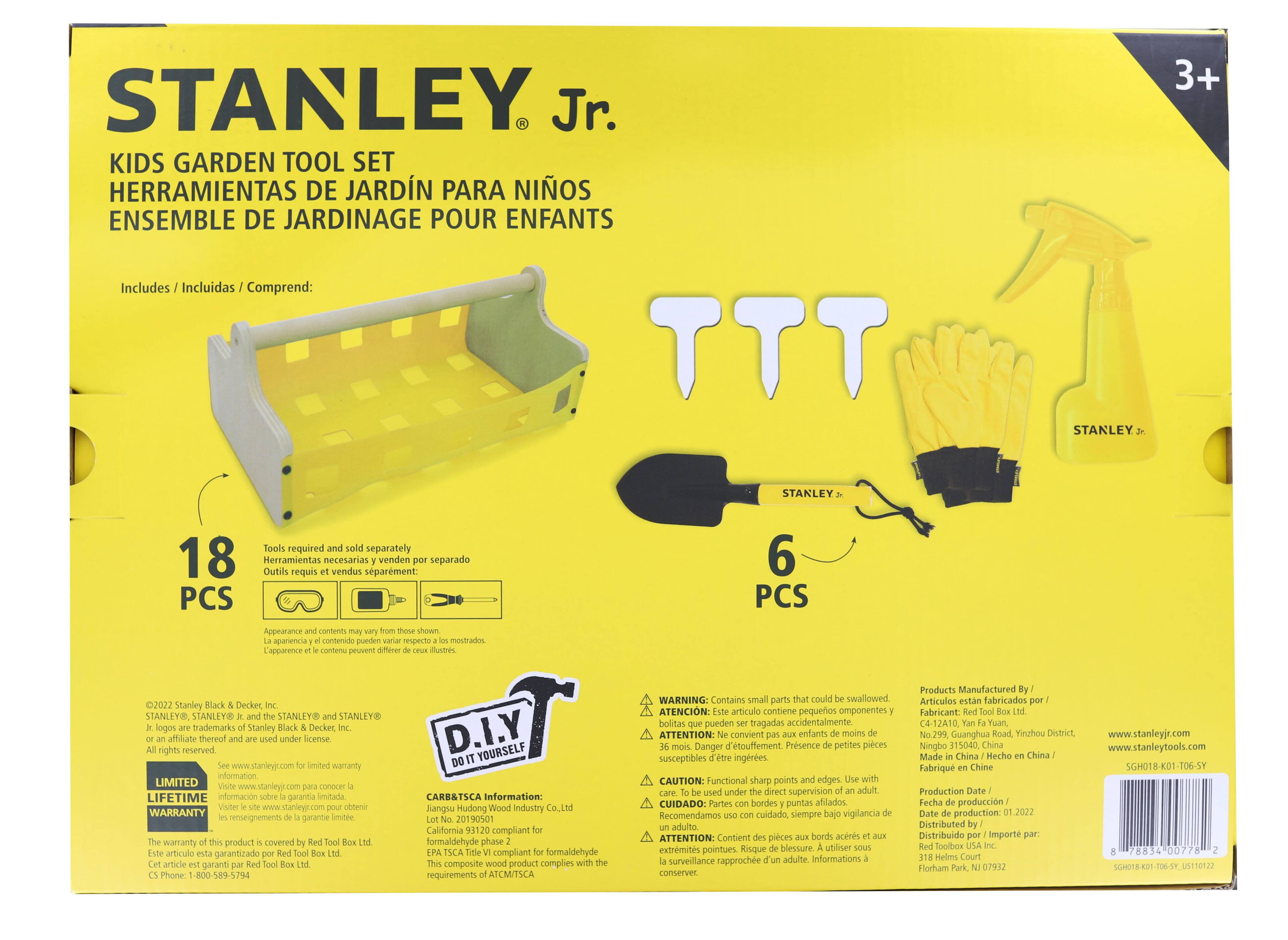STANLEY Jr.  
KIDS GARDEN TOOL SET  
HERRAMIENTAS DE JARDÍN PARA NIÑOS  
ENSEMBLE DE JARDINAGE POUR ENFANTS  

Includes / Incluidas / Comprend:  
18 PCS  
6 PCS  

Tools required and sold separately  
Herramientas necesarias: venden por separado  
Outils requis: vendus séparément  

Appearance and contents may vary from those shown.  
La apariencia y el contenido pueden variar respecto a lo mostrado.  
L'apparence et le contenu peuvent différer de ceux montrés.  

©2022 Stanley Black & Decker, Inc.  
STANLEY®, STANLEY® Jr. and the STANLEY® logo are trademarks of Stanley Black & Decker, Inc. or an affiliate thereof and are used under license.  
All rights reserved.  
Visit www.stanley.com for limited warranty information.  
Visite www.stanley.com para conocer la información sobre garantía limitada.  
Voir www.stanley.com pour obtenir les renseignements sur garantie limitée.  

LIMITED LIFETIME WARRANTY  
La garantía de este producto