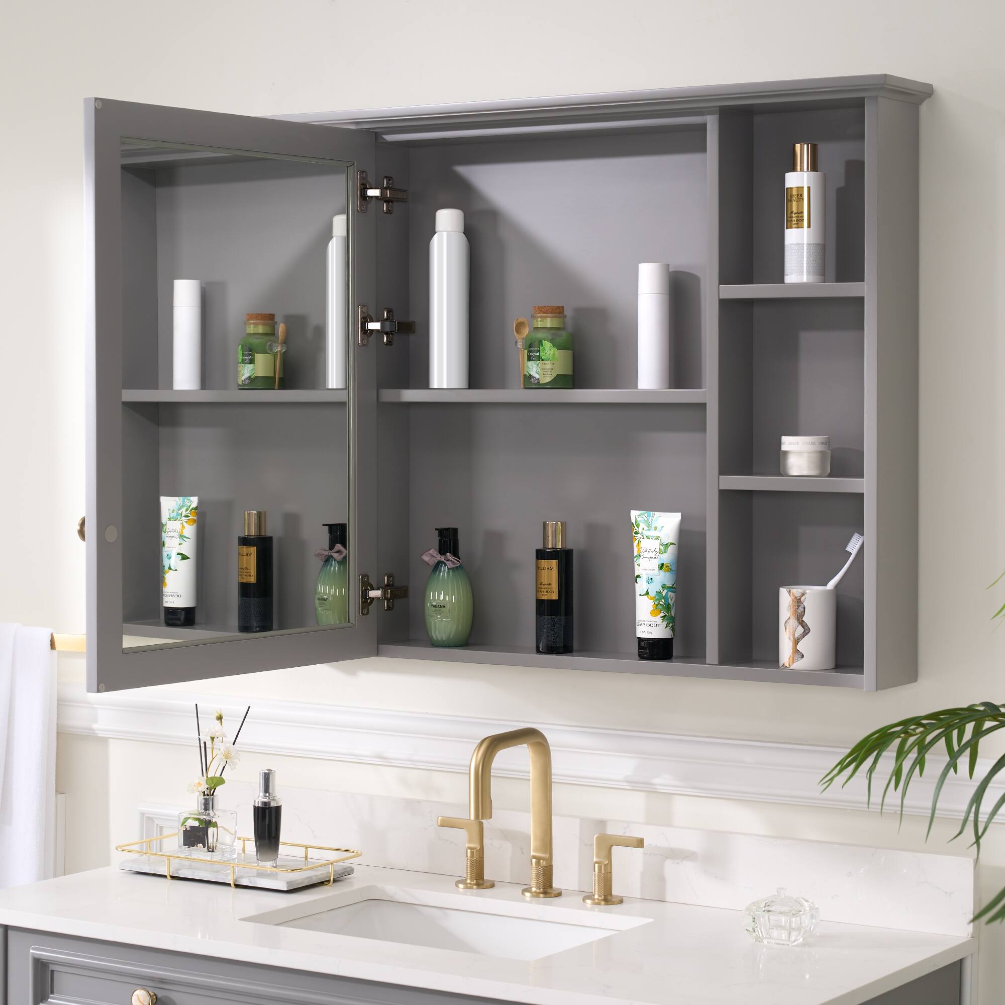 Angle. WELLFOR - 42 in. W x 30 in. H Rectangular Solid Wood Frame Surface Mount Medicine Cabinet with Mirror and Soft Close Door - Gray.