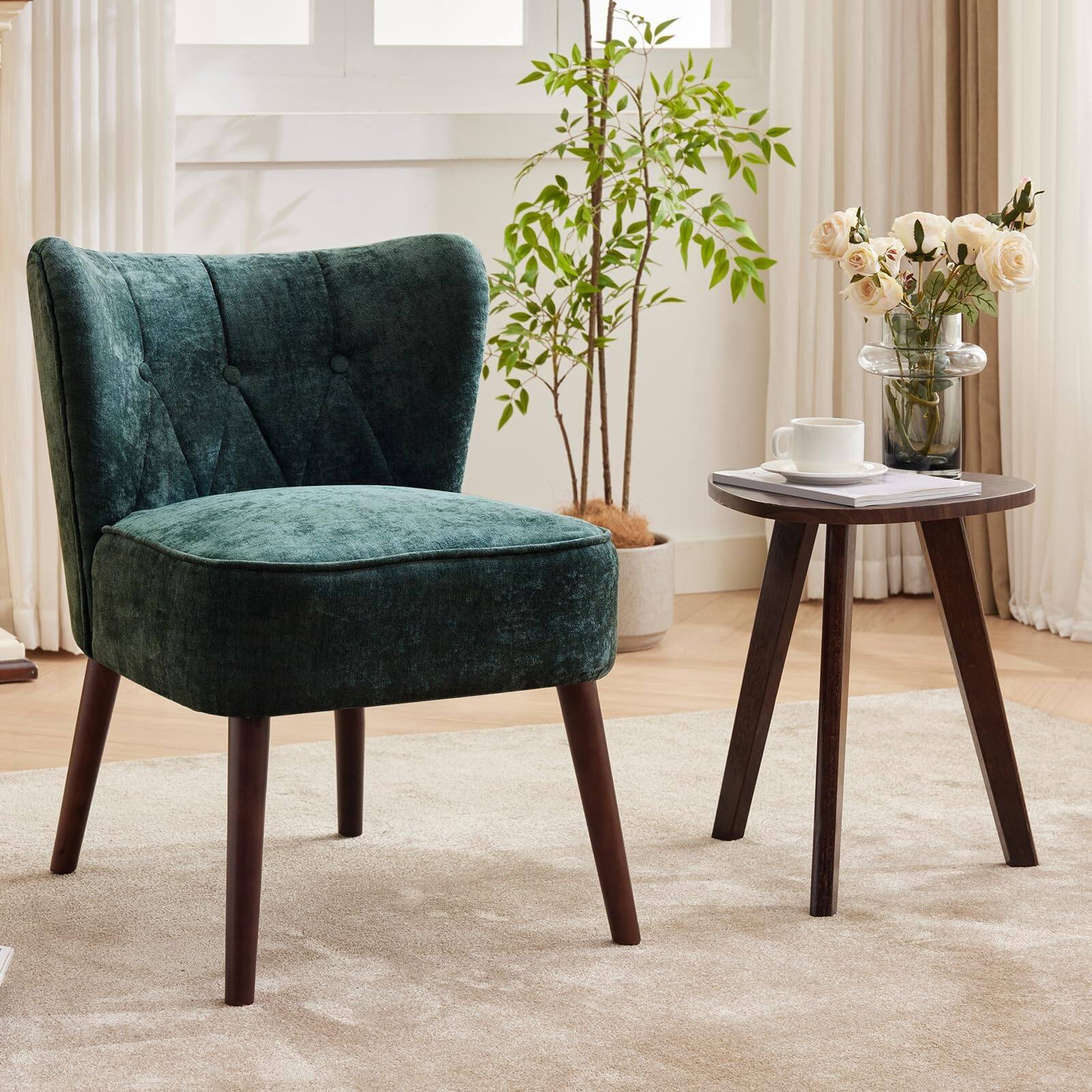 Front. Jojoka - Modern Accent Chair, Upholstered Lounge Seat with Wood Legs, Comfortable Side Chair for Living Room, Bedroom - Green.